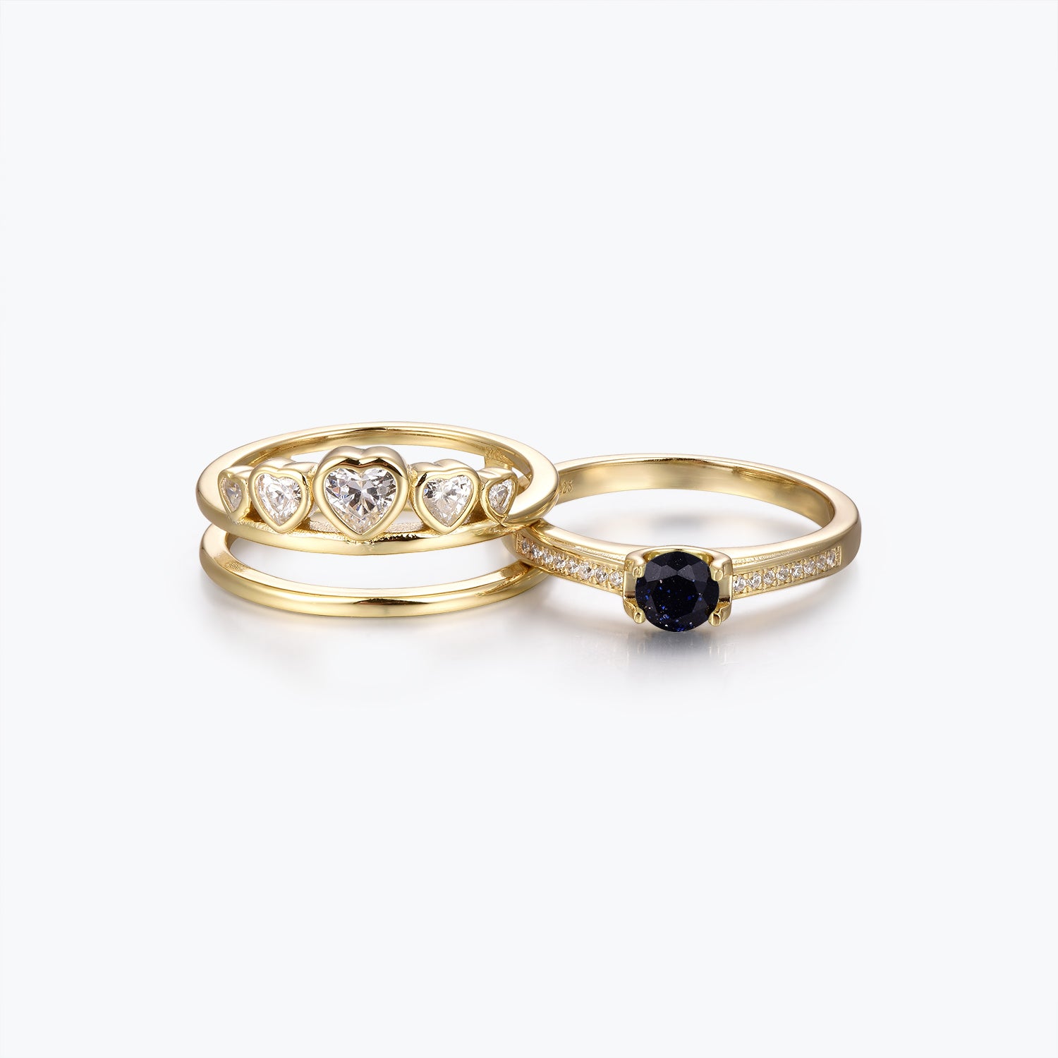 Dissoo® Gold Blue Goldstone Pavé Engagement Ring and Heart Double-Row Moissanite Wedding Ring