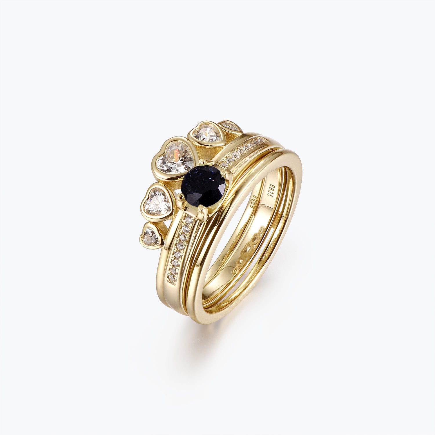 Dissoo® Gold Blue Goldstone Pavé Engagement Ring and Heart Double-Row Moissanite Wedding Ring