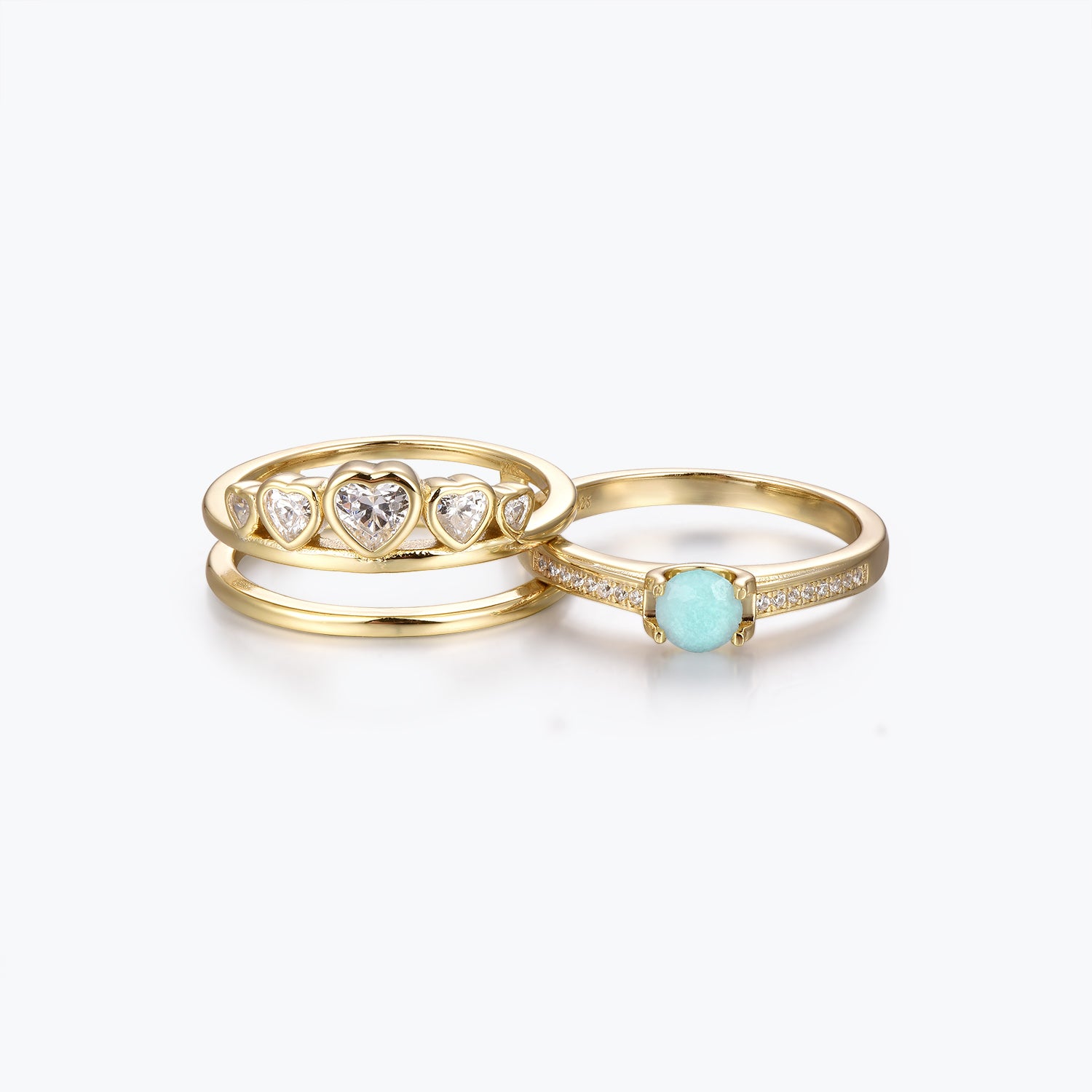 Dissoo® Gold Amazonite Pavé Engagement Ring and Heart Double-Row Moissanite Wedding Ring