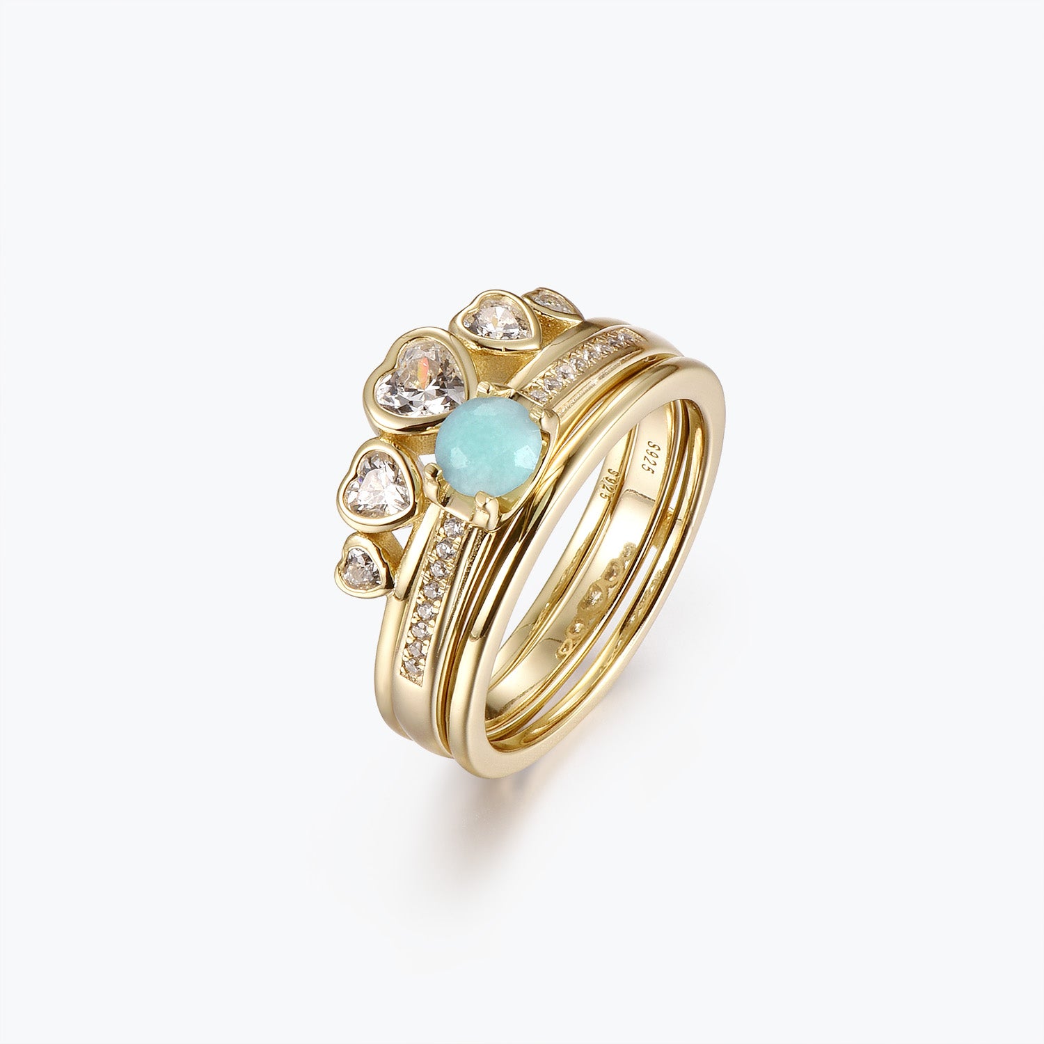 Dissoo® Gold Amazonite Pavé Engagement Ring and Heart Double-Row Moissanite Wedding Ring