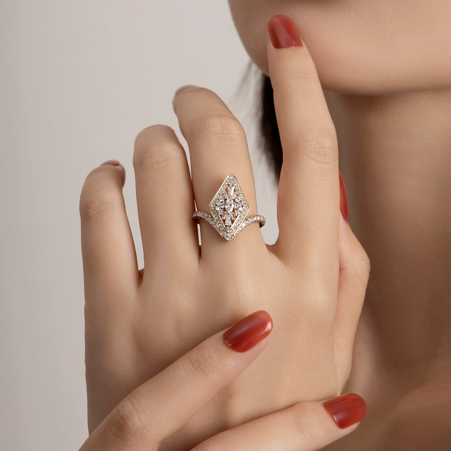 Dissoo® Floral Cluster Lozenge Halo Moissanite Statement Ring with Curved Band