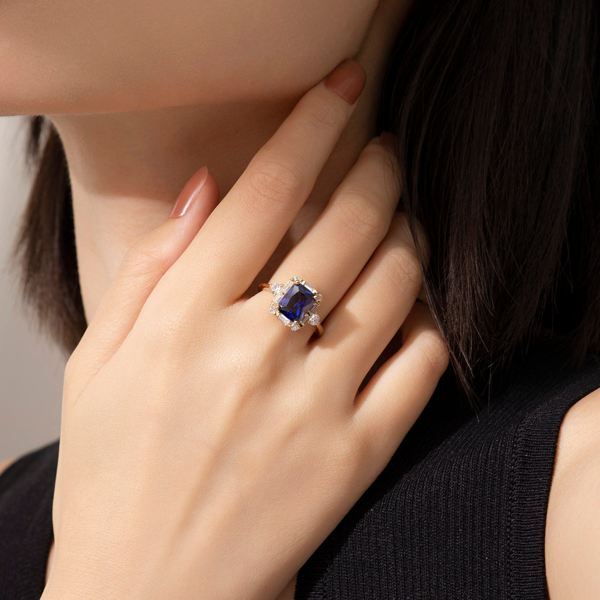 Dissoo® Blue Radiant Cut Halo Cocktail Engagement Ring