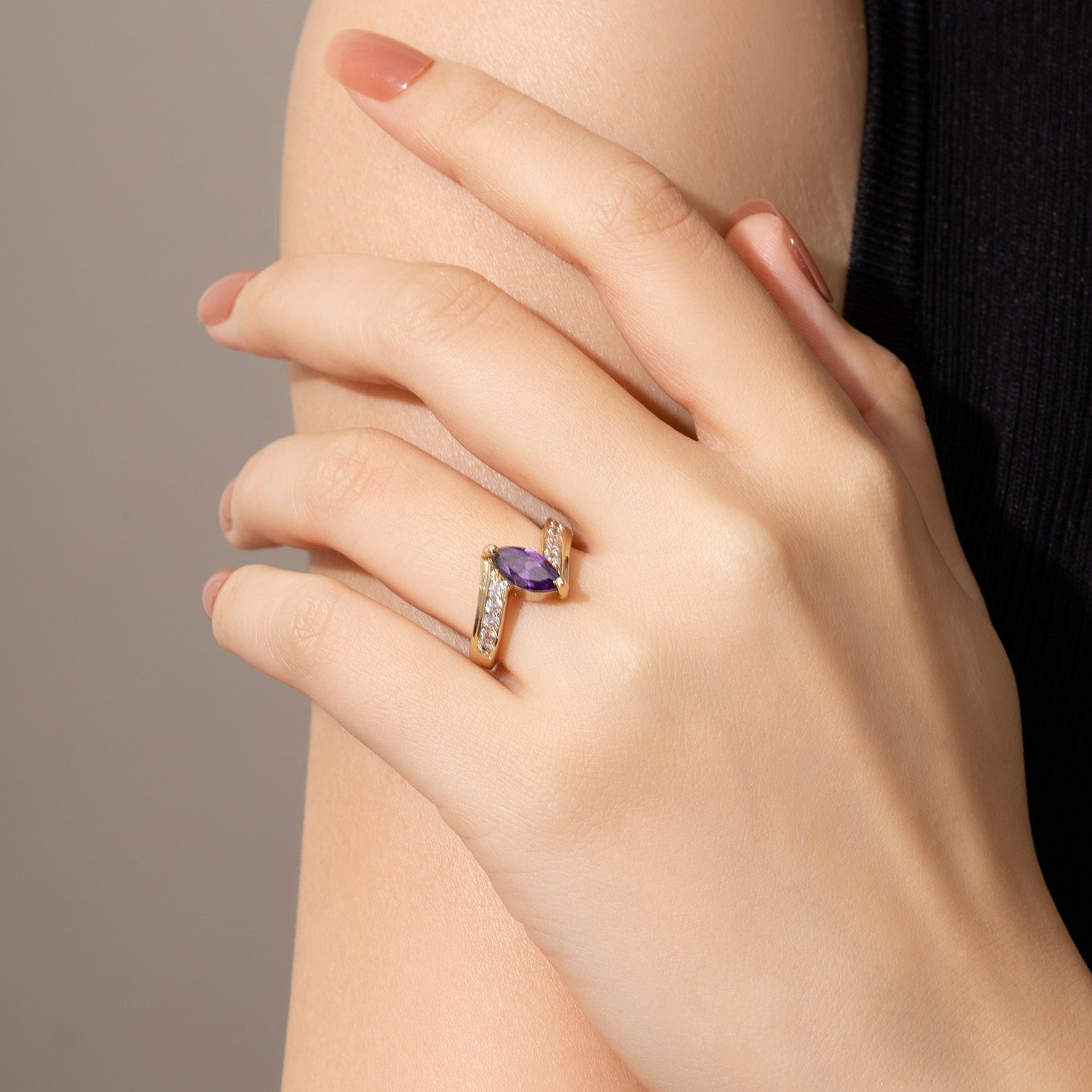 Dissoo® Purple Marquise Cut Engagement Ring with a Gold Pavé-set Bypass Shank