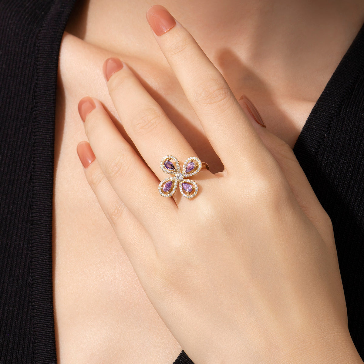 Dissoo® Purple Four-Leaf Clover Halo Gold Cocktail Engagement Ring