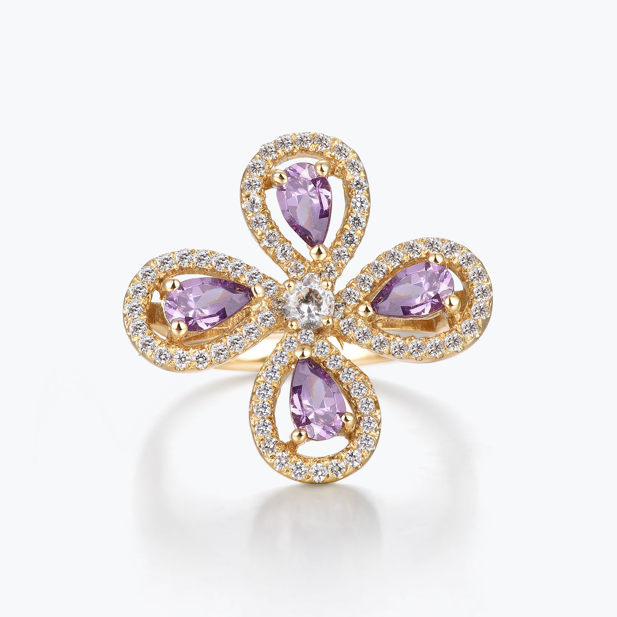 Dissoo® Purple Four-Leaf Clover Halo Gold Cocktail Engagement Ring