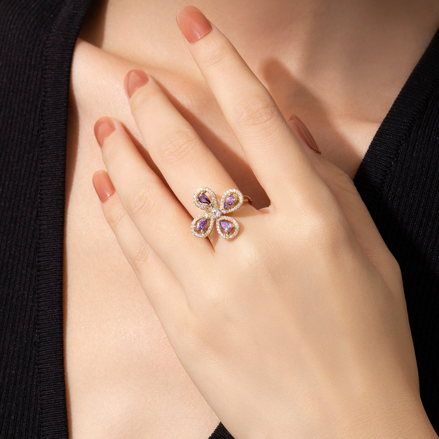 Dissoo® Purple Four-Leaf Clover Halo Gold Cocktail Engagement Ring
