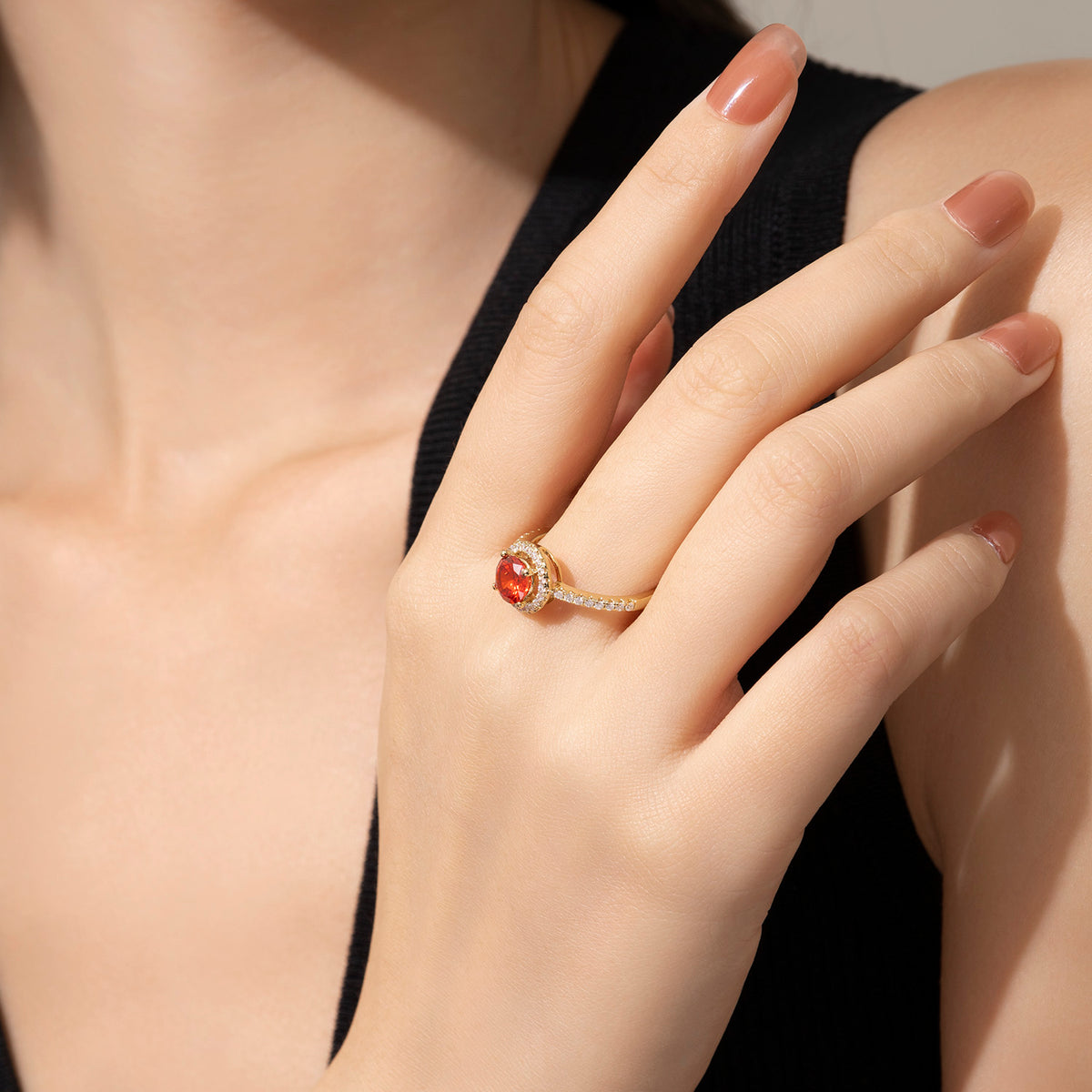 Dissoo® Gold Ruby Halo Semi-Eternity Cocktail Engagement Ring