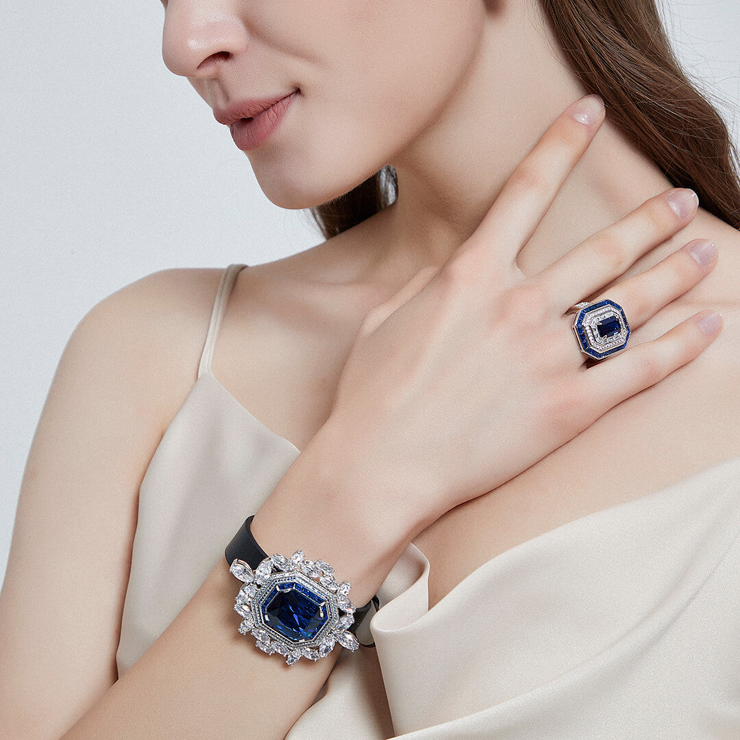 Dissoo® Classic Geometric Art Deco Sapphire Blue Engagement Ring
