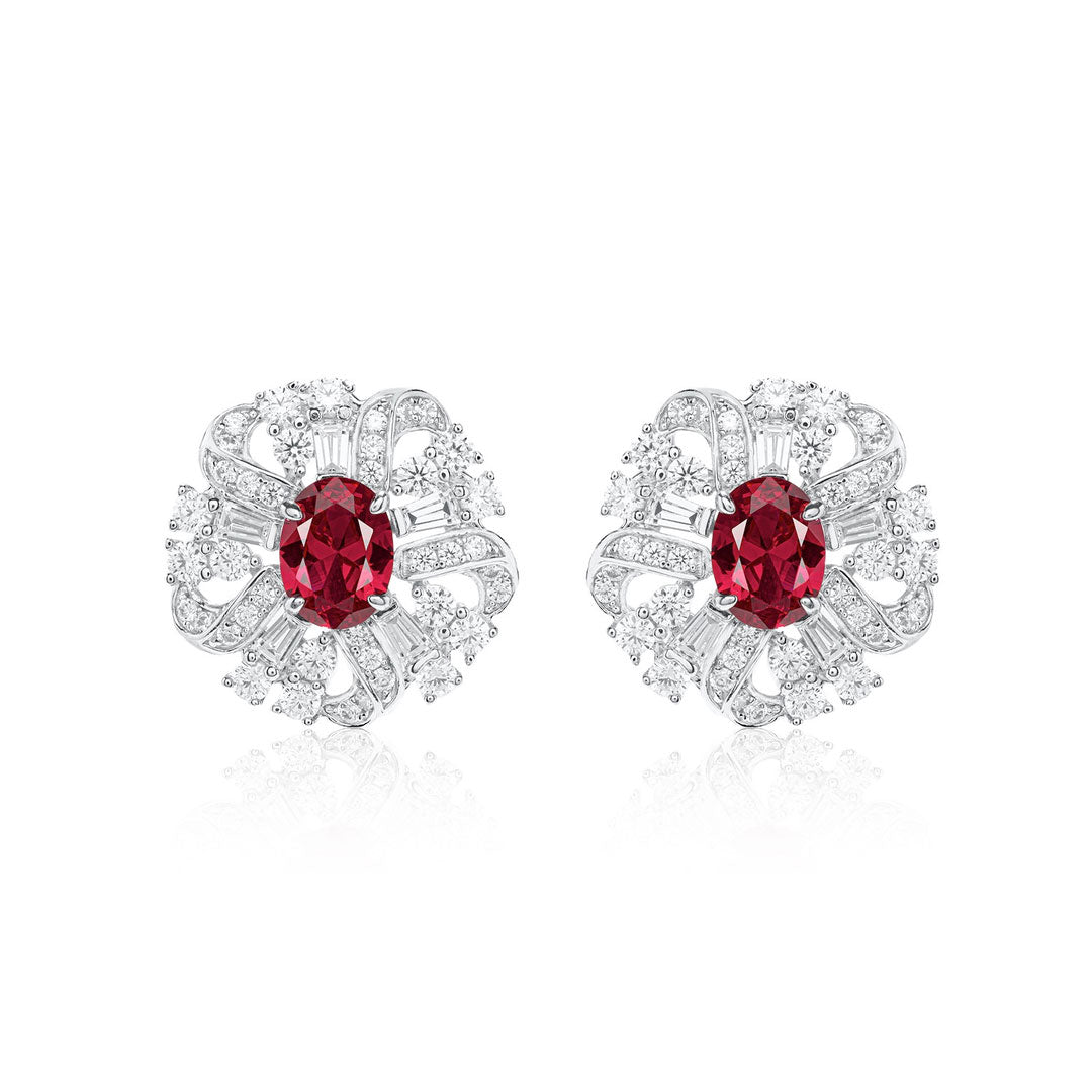 Dissoo® Ruby Oval-Cut Floral Sterling Silver Stud Earring