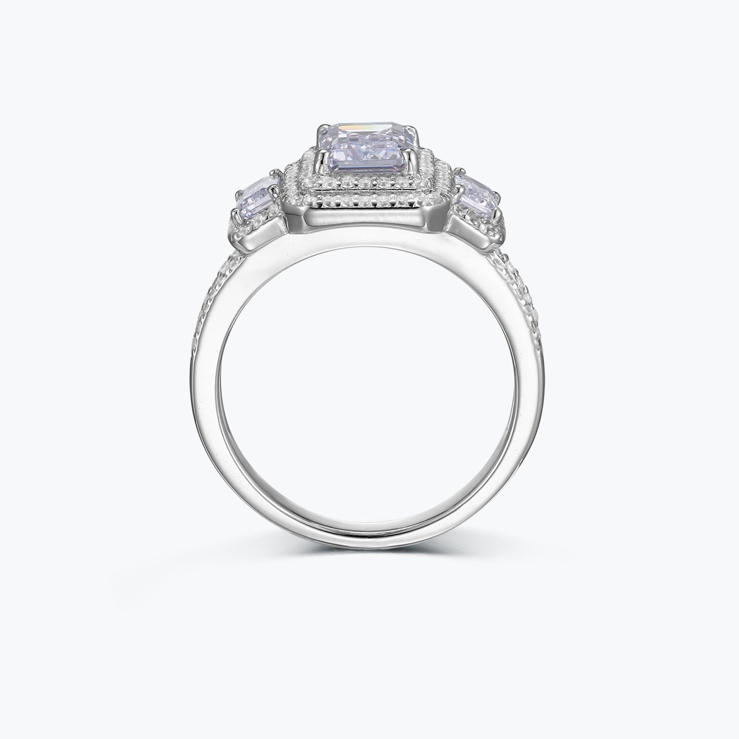 Dissoo® Emerald Cut 3-Stone Sterling Silver Engagement Ring with Halo