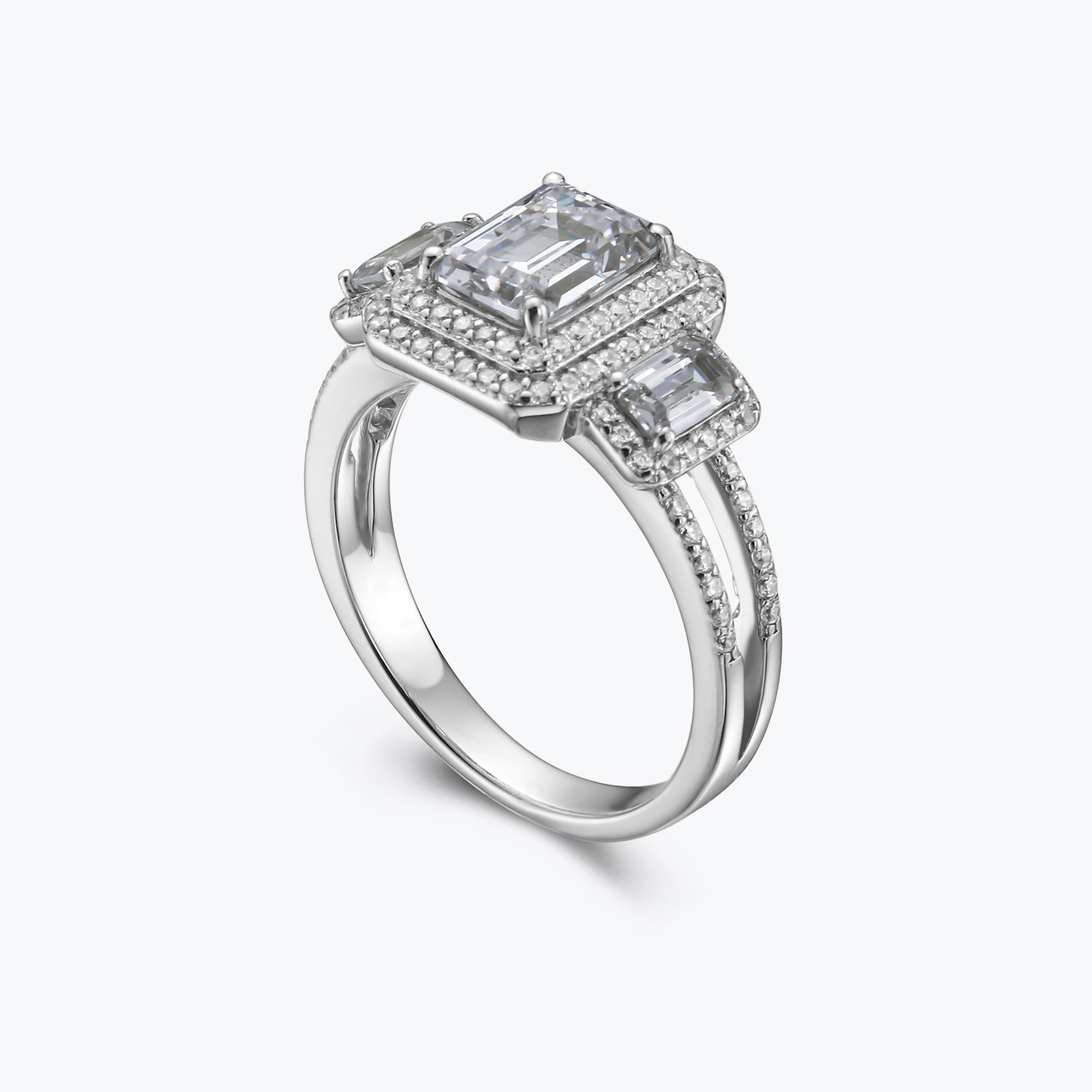 Dissoo® Emerald Cut 3-Stone Sterling Silver Engagement Ring with Halo