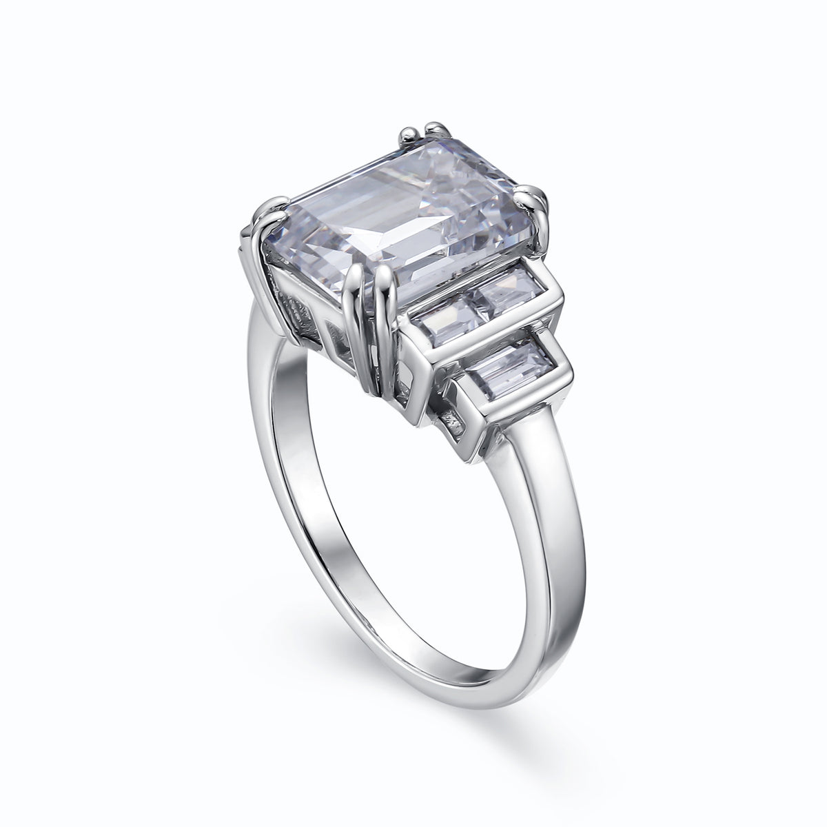Dissoo® 6 side Stone Diamond White Emerald Cut Sterling Silver Ring
