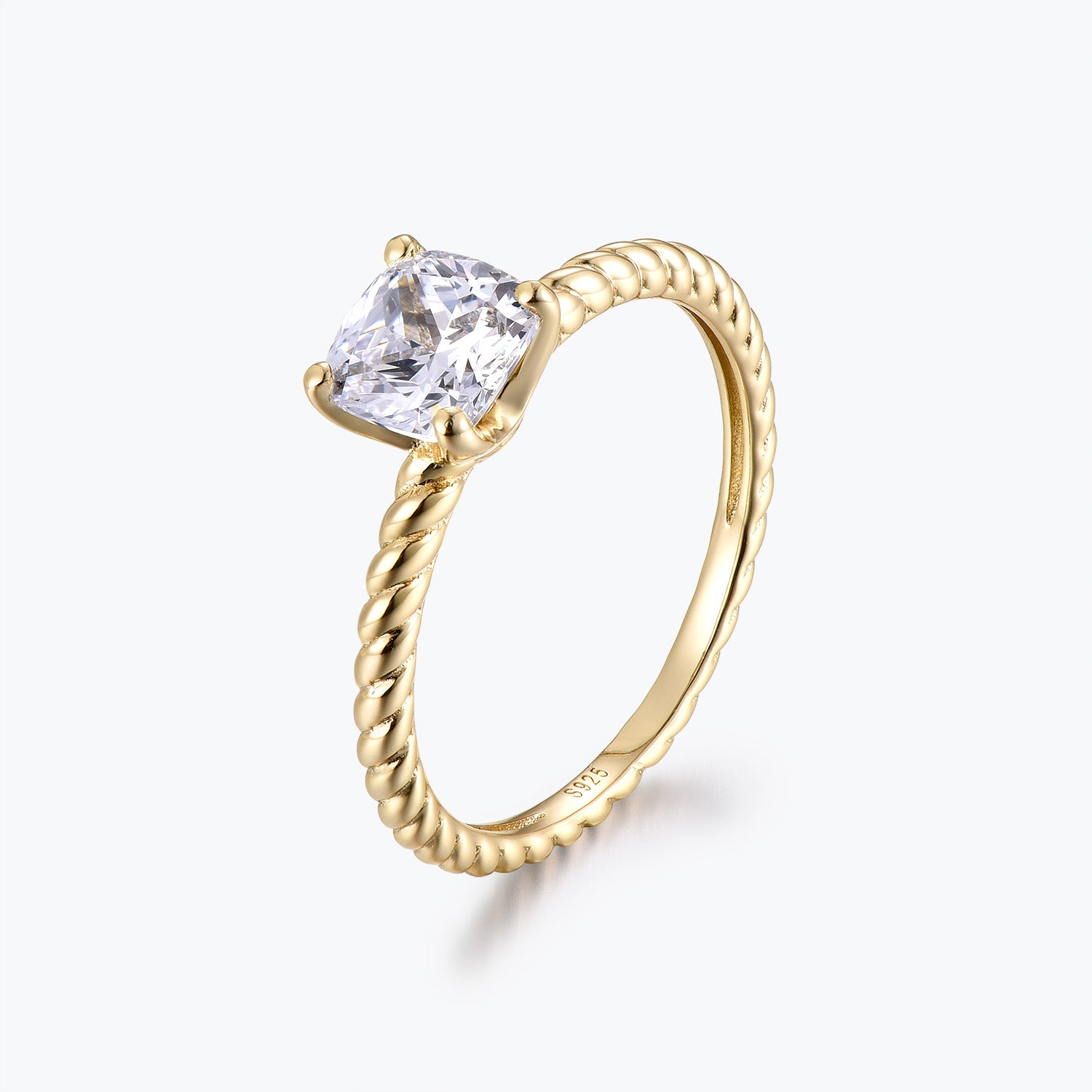Dissoo® Yellow Gold Cushion Cut Solitaire Twisted Engagement Ring