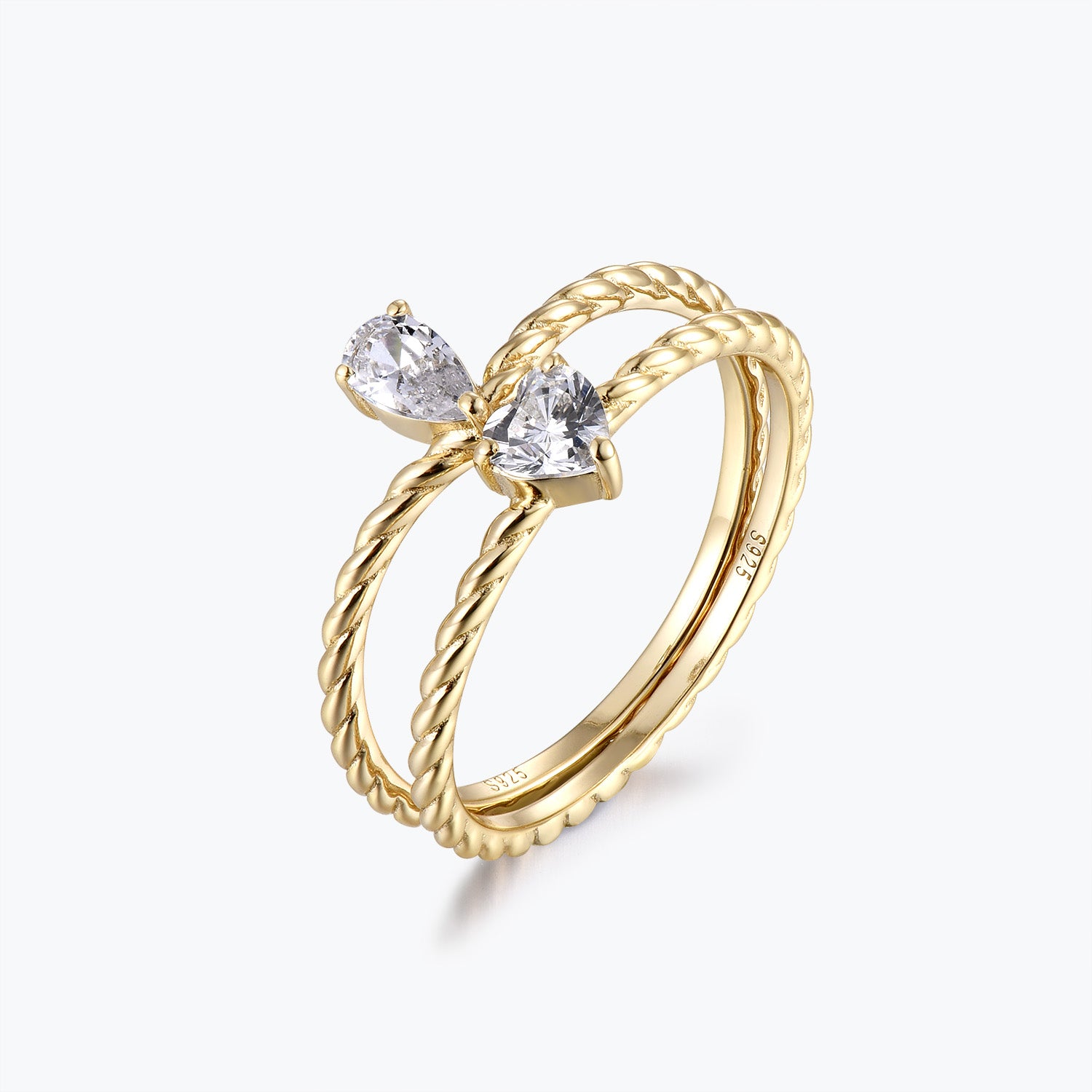 Dissoo® Heart & Pear Cut Twisted Rope Moissanite Engagement Wedding Ring in Gold Vermeil