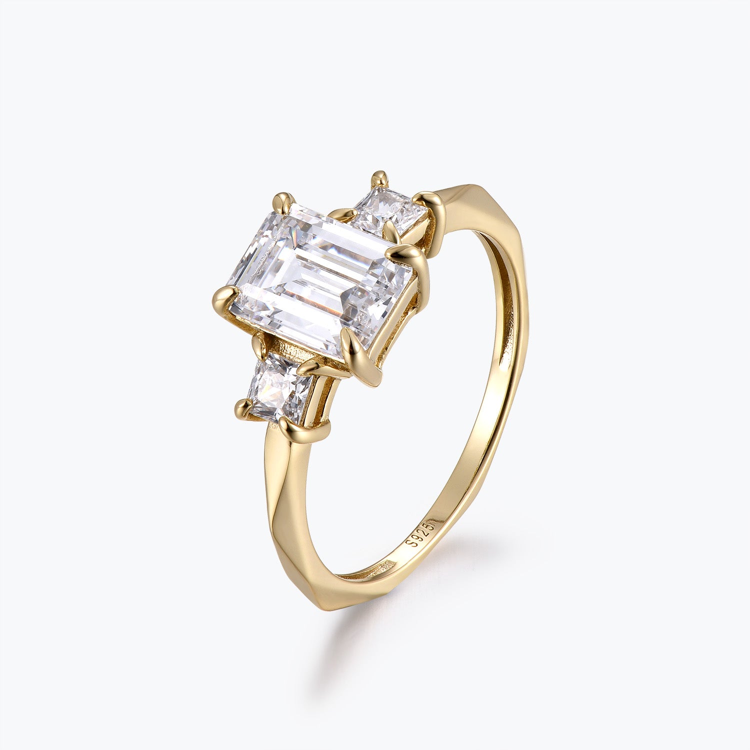 Dissoo® Three-stone Emerald Cut Moissanite Engagement Wedding Ring in Gold Vermeil