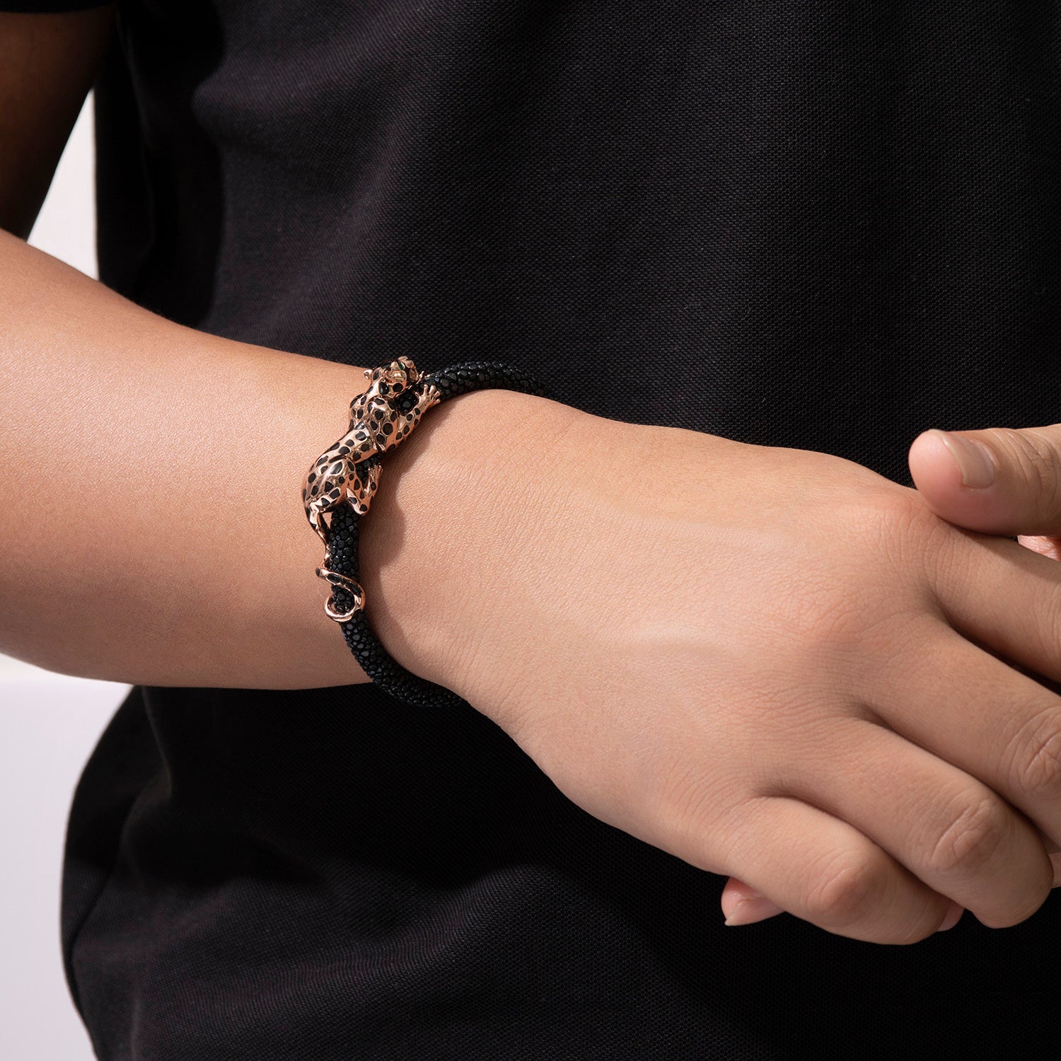 Dissoo® Genuine Leather Sterling Silver Leopard Bracelet
