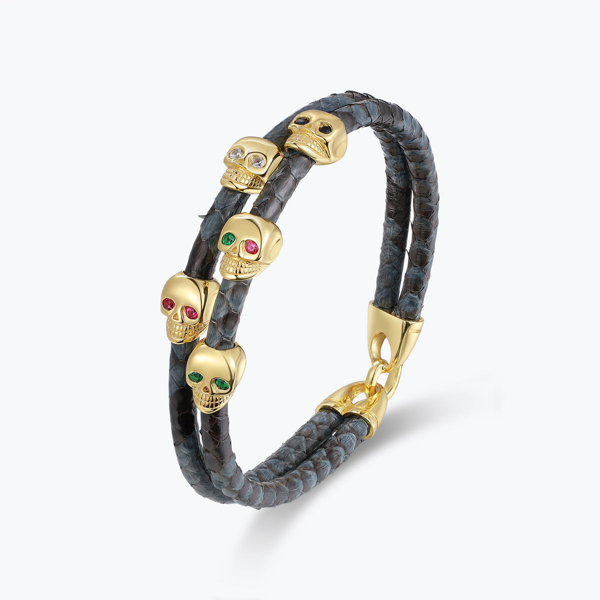 Dissoo® Luxury Genuine Python Leather Bracelet with Skulls in Gold vermeil