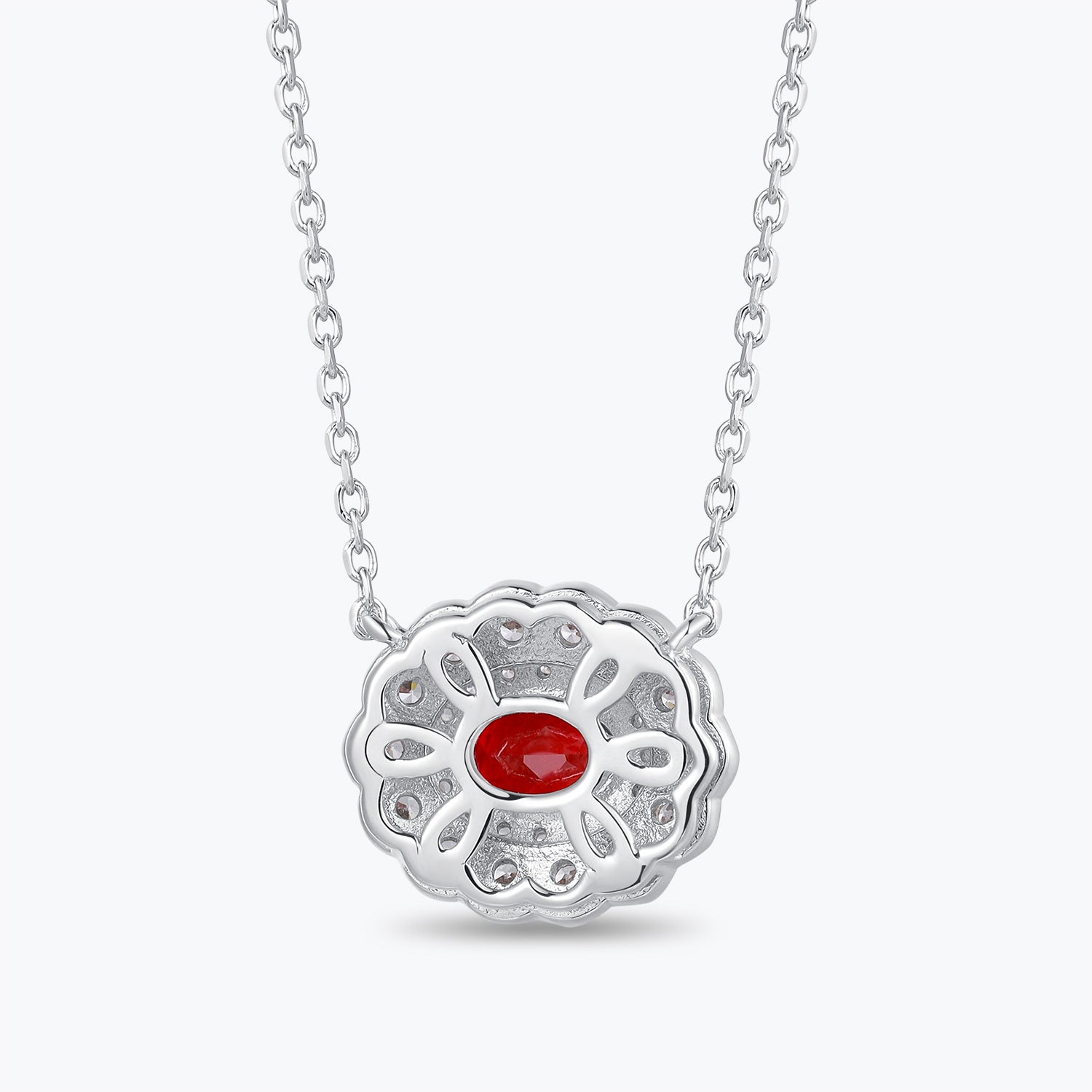 Dissoo® Ruby Oval Floral Halo Sterling Silver Pendant Necklace