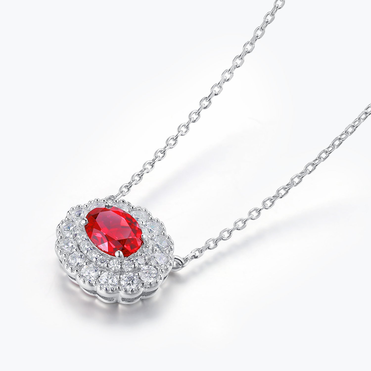 Dissoo® Ruby Oval Floral Halo Sterling Silver Pendant Necklace