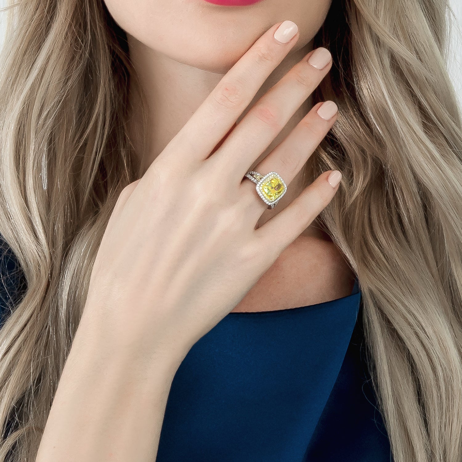 Dissoo® Yellow Stone and Diamond Surround Sterling Silver Ring
