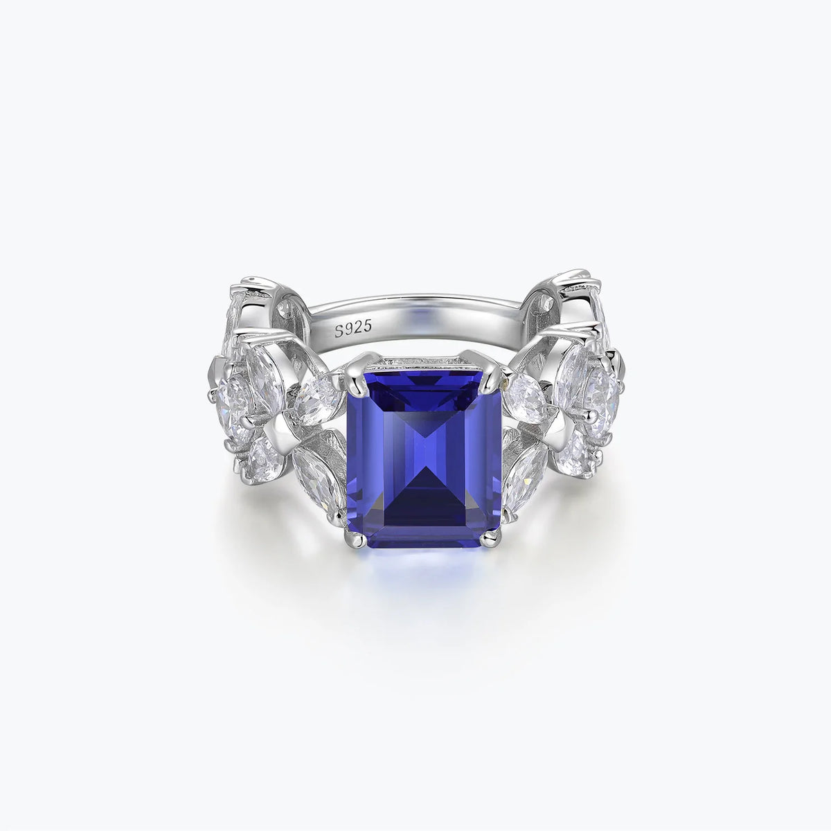 Dissoo® Emerald Cut Gemstone Leaf Trellis Cluster Royal Blue Cocktail Ring