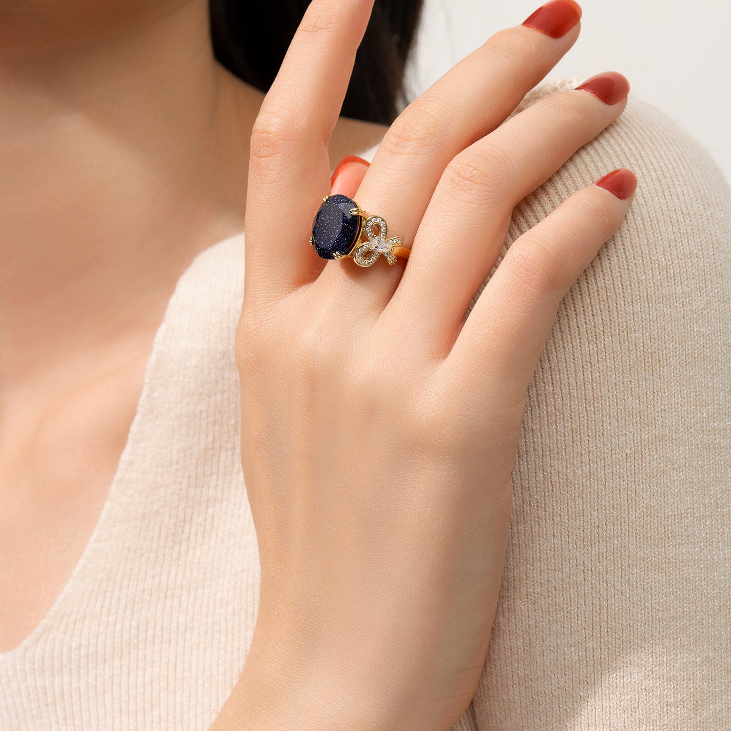 Dissoo® Bowknot Blue Goldstone Three-Stone Cocktail Engagement Ring