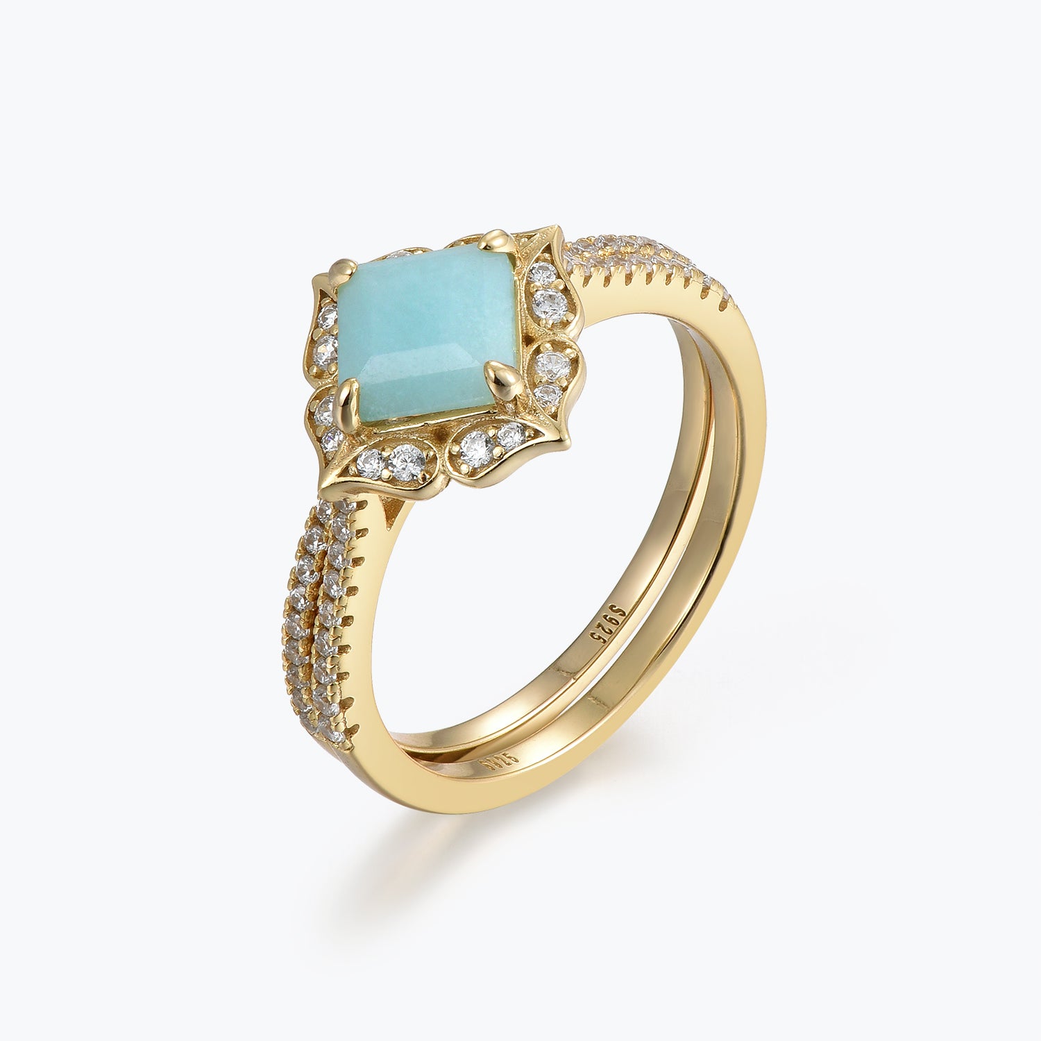 Dissoo® Asscher Floral Halo Half-Eternity Amazonite Bridal Set