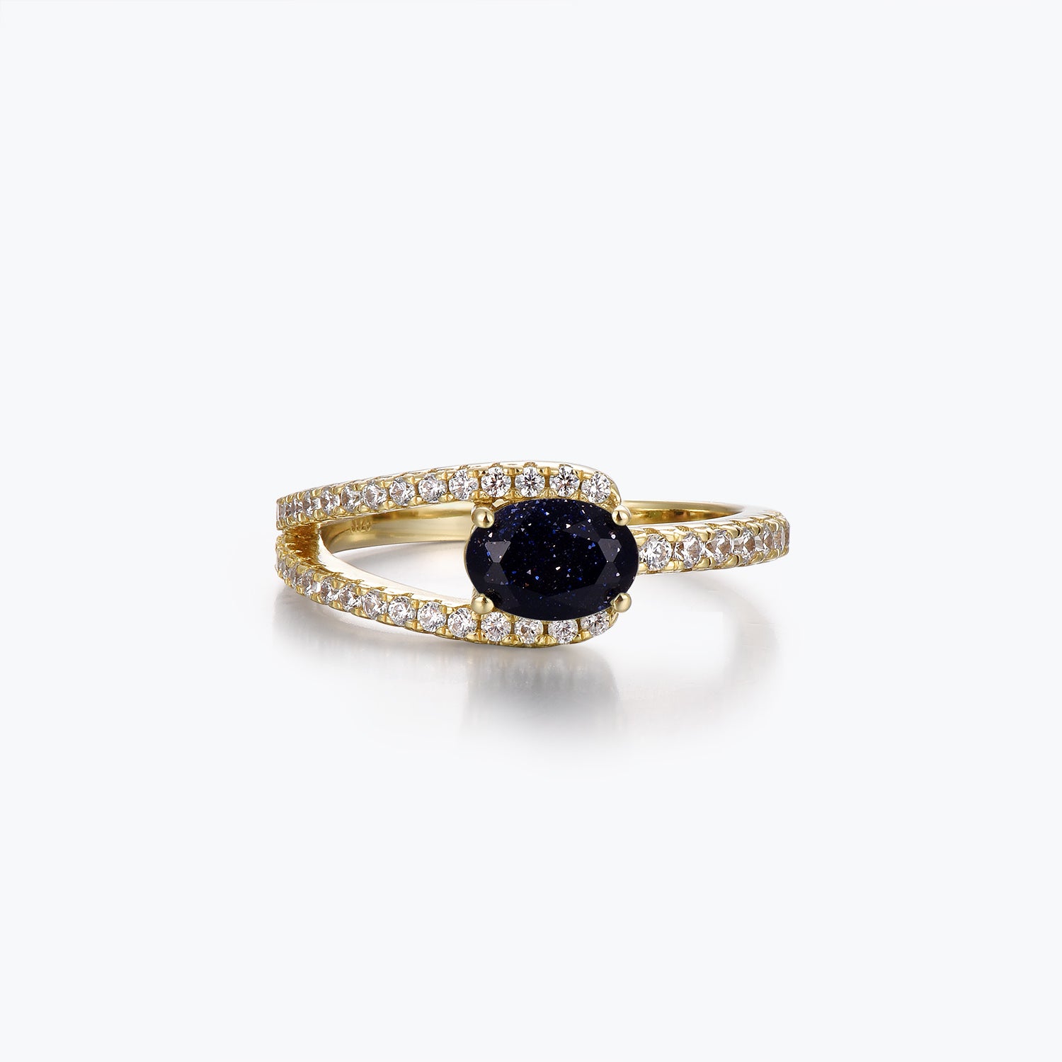 Dissoo® Gold Oval Split-Shank Pavé Blue Goldstone Engagement Ring