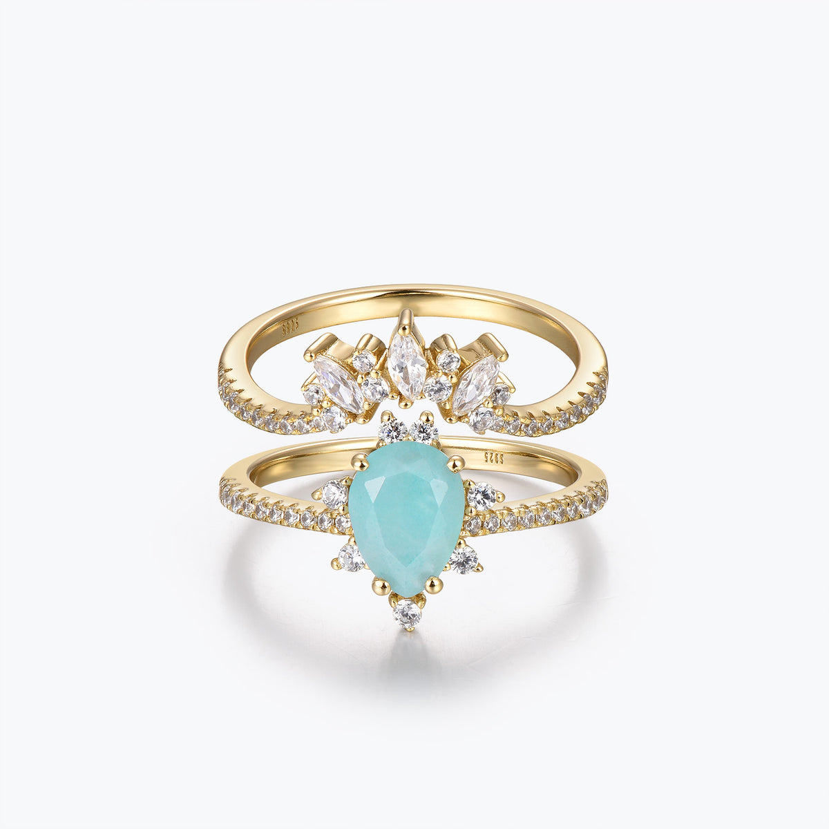 Dissoo® Pear Floral Amazonite Semi-Eternity Ring Set with Curved Stacked Ring