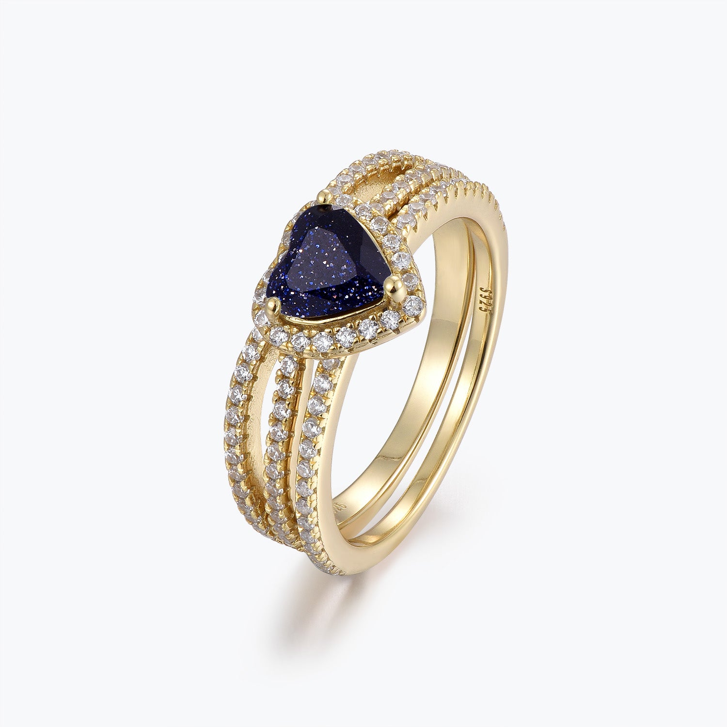 Dissoo® Heart Shaped Blue Goldstone Bridal Set Ring in Gold Vermeil