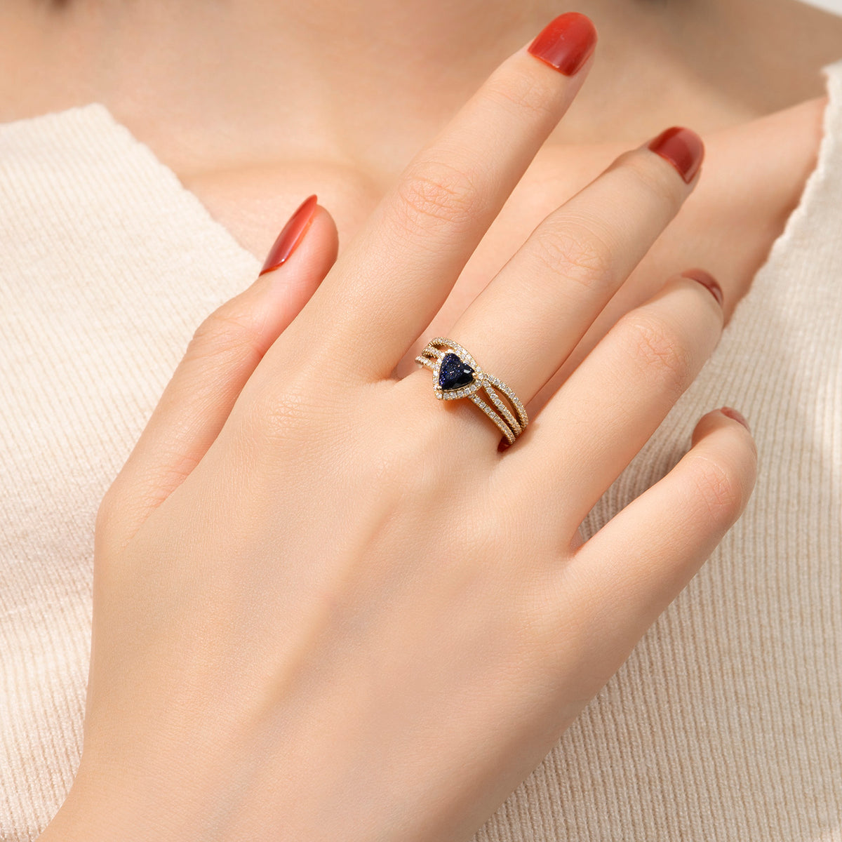 Dissoo® Heart Shaped Blue Goldstone Bridal Set Ring in Gold Vermeil