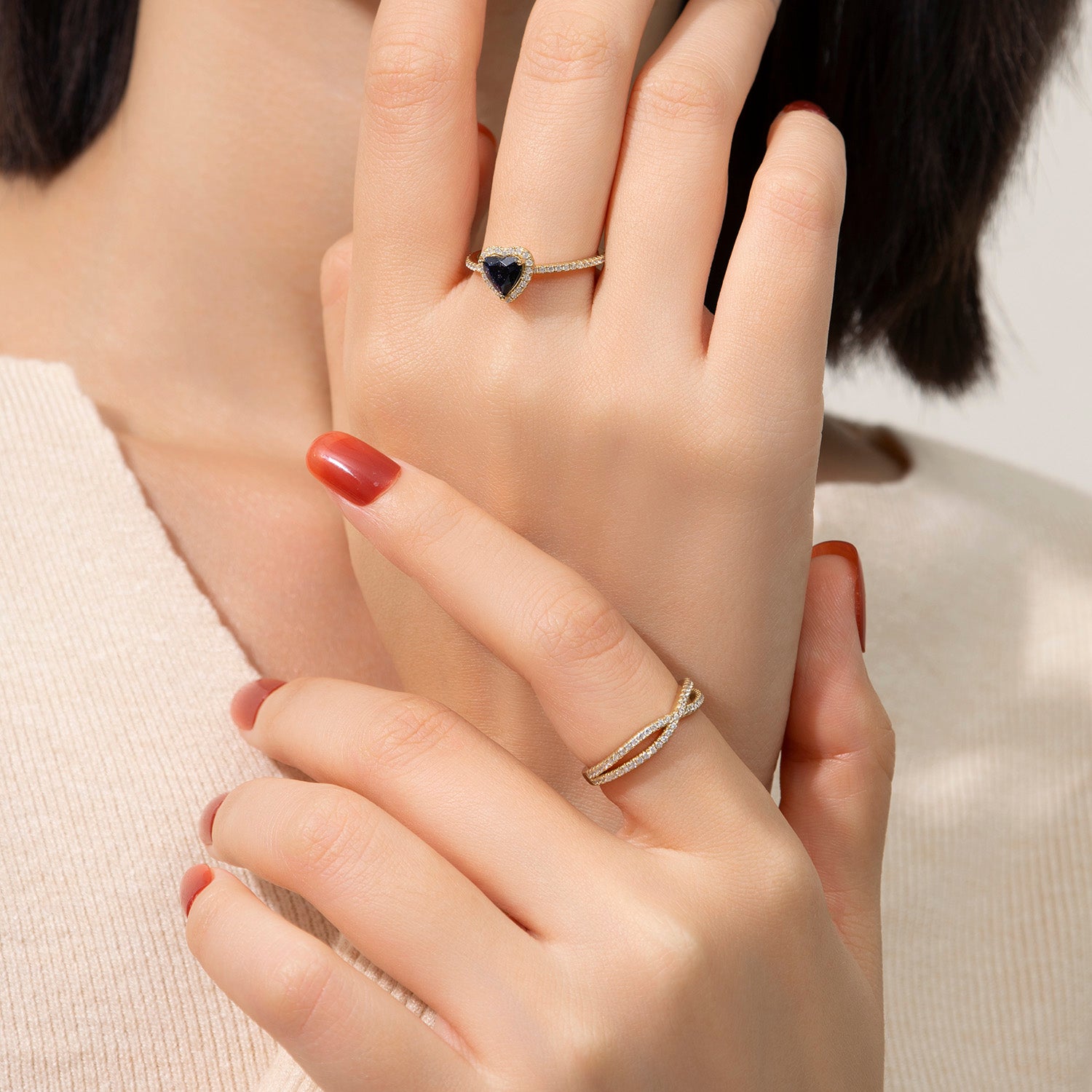 Dissoo® Heart Shaped Blue Goldstone Bridal Set Ring in Gold Vermeil