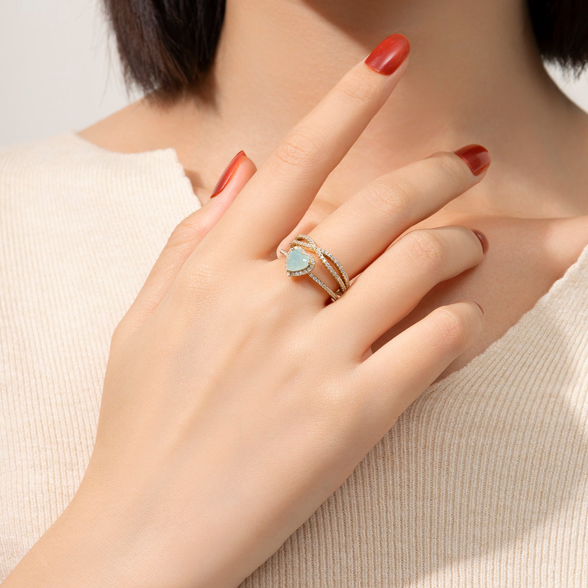 Dissoo® Heart Shaped Amazonite Bridal Set Ring in Gold Vermeil