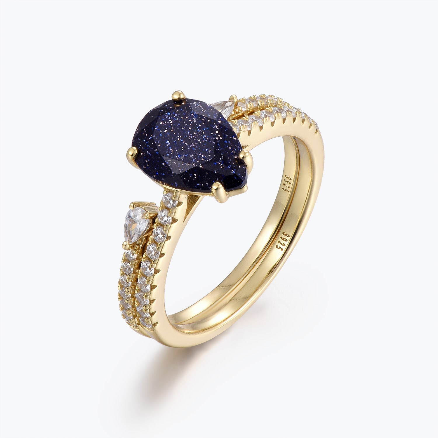 Dissoo® Pear Eternity Stackable Blue Goldstone Bridal Set Ring in Gold Vermeil