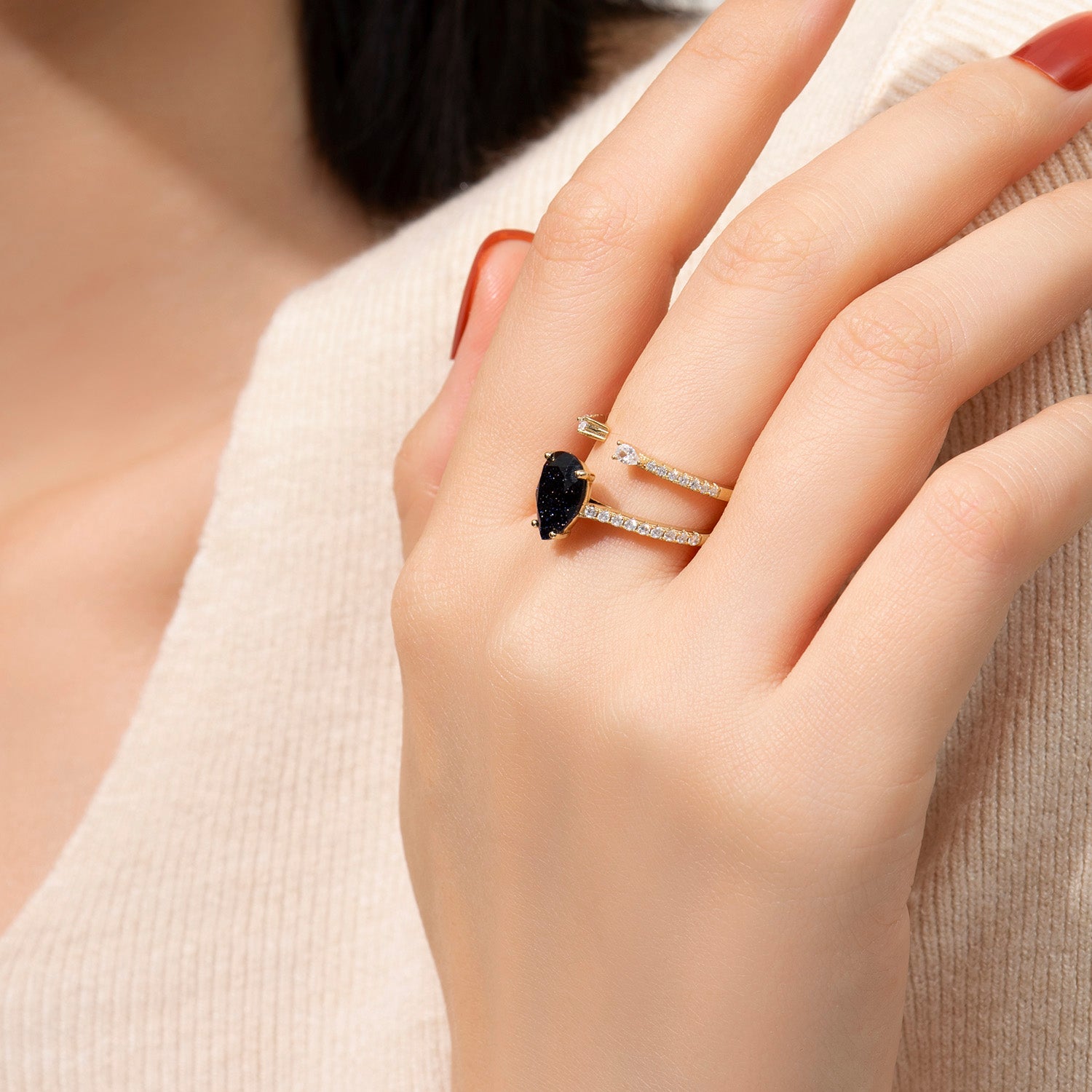 Dissoo® Pear Eternity Stackable Blue Goldstone Bridal Set Ring in Gold Vermeil