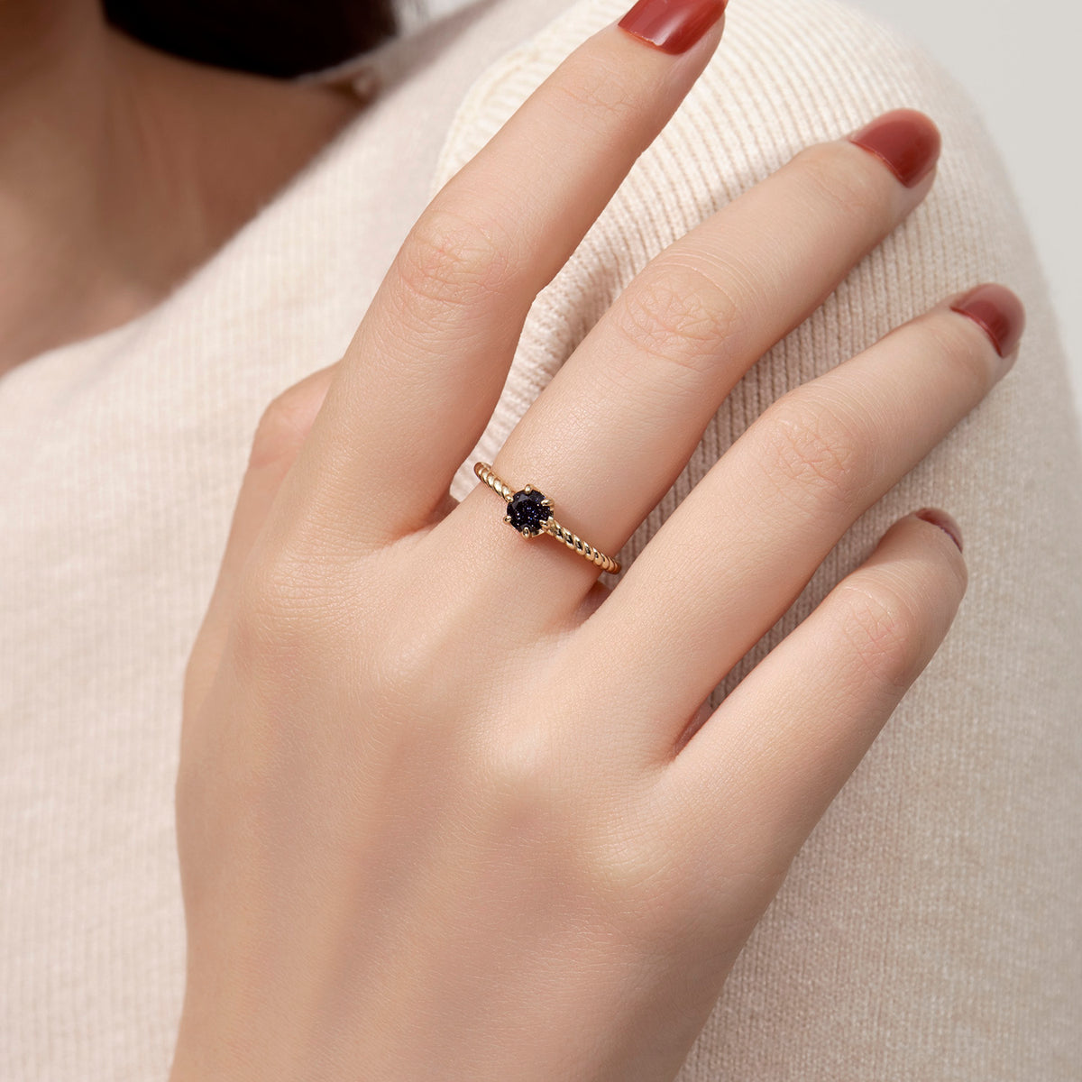 Dissoo® Round Solitaire Blue Goldstone Twisted Engagement Ring in Gold Vermeil