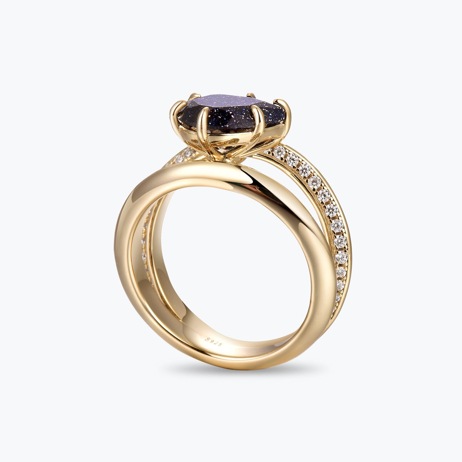 Dissoo® Pear Split-Shank Gold Blue Goldstone Engagement ring