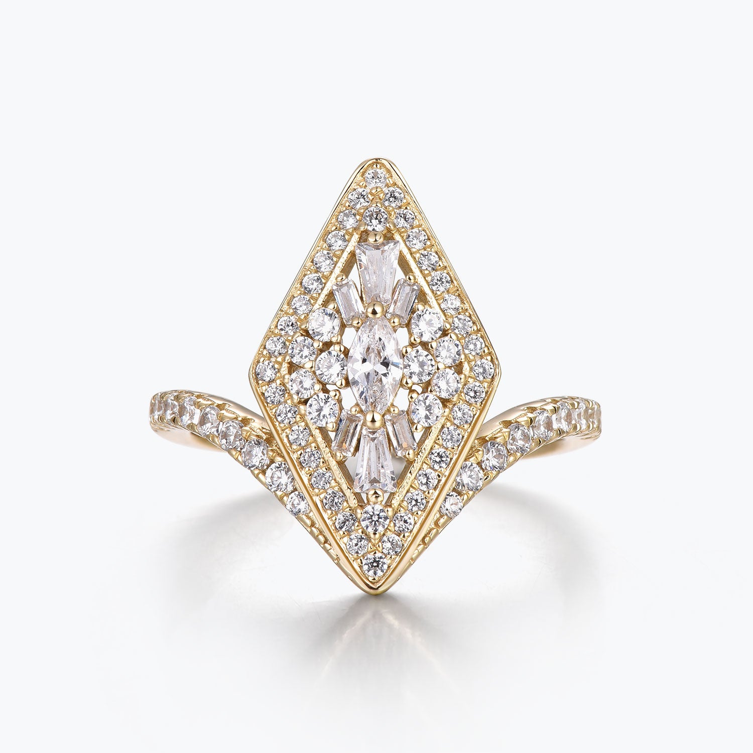 Dissoo® Floral Cluster Lozenge Halo Moissanite Statement Ring with Curved Band