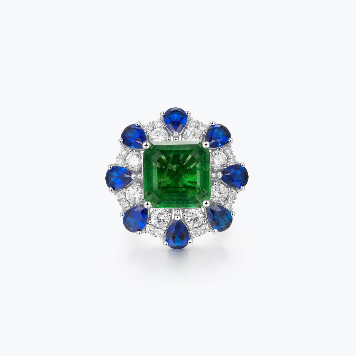 Asscher Cut Emerald Green Evening Ring with Blue&White Floral Cluster - dissoojewelry