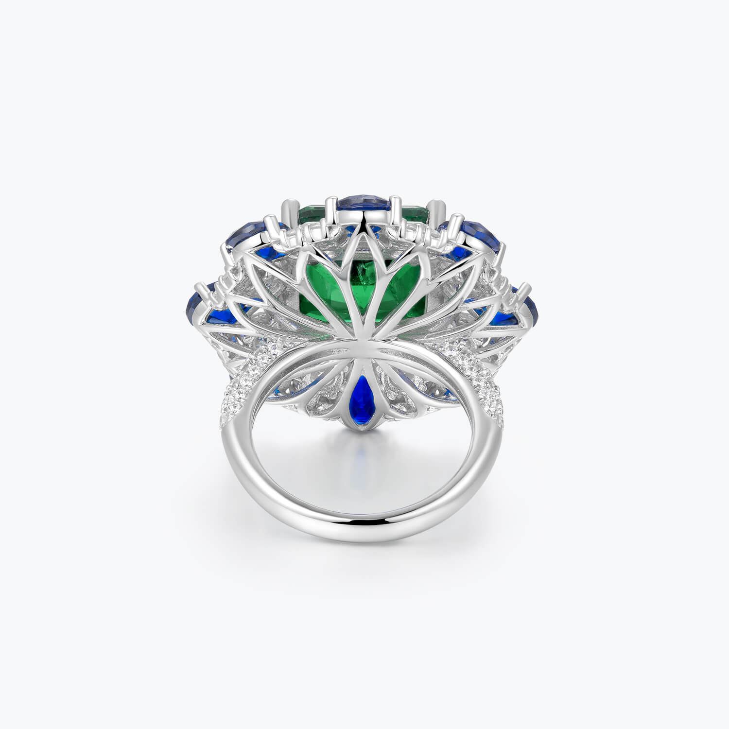 Asscher Cut Emerald Green Evening Ring with Blue&White Floral Cluster - dissoojewelry