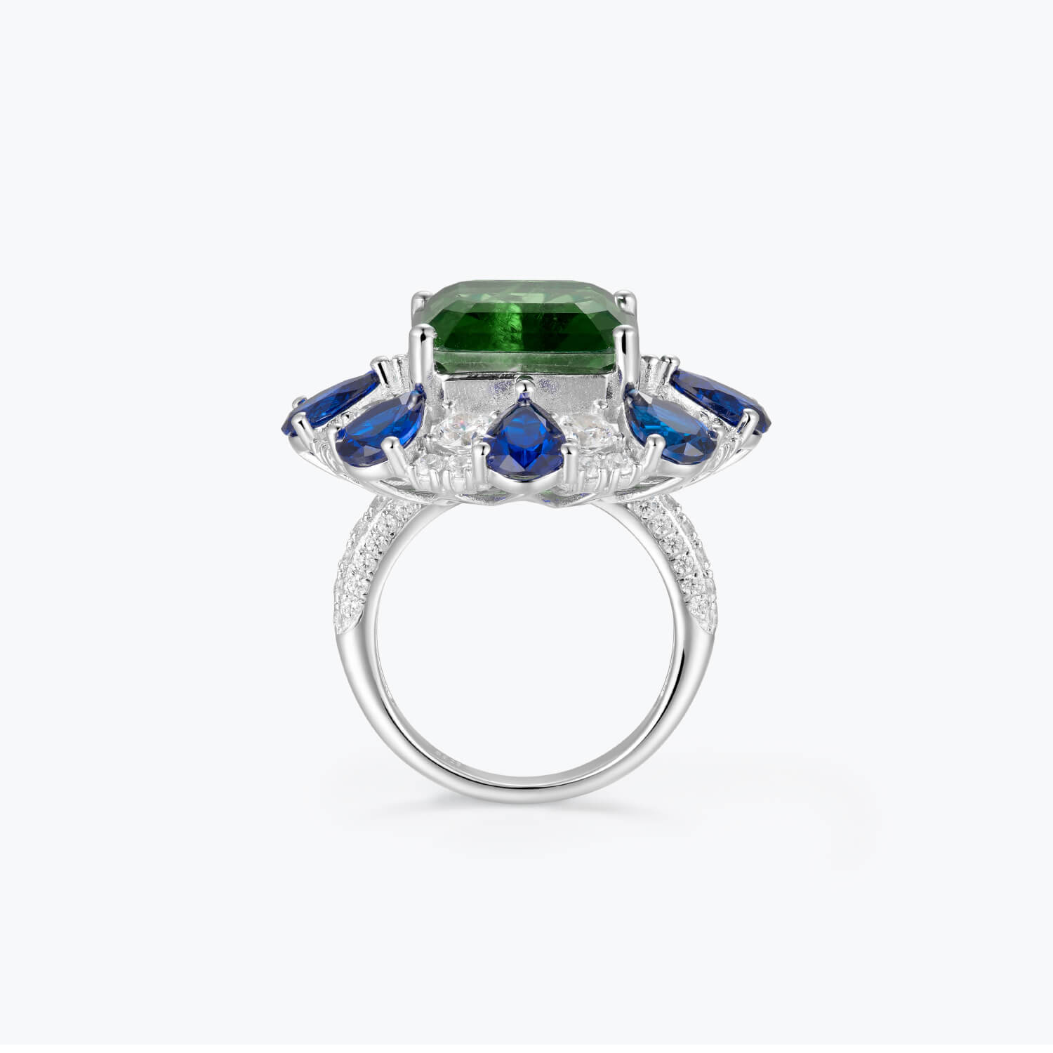 Asscher Cut Emerald Green Evening Ring with Blue&White Floral Cluster - dissoojewelry