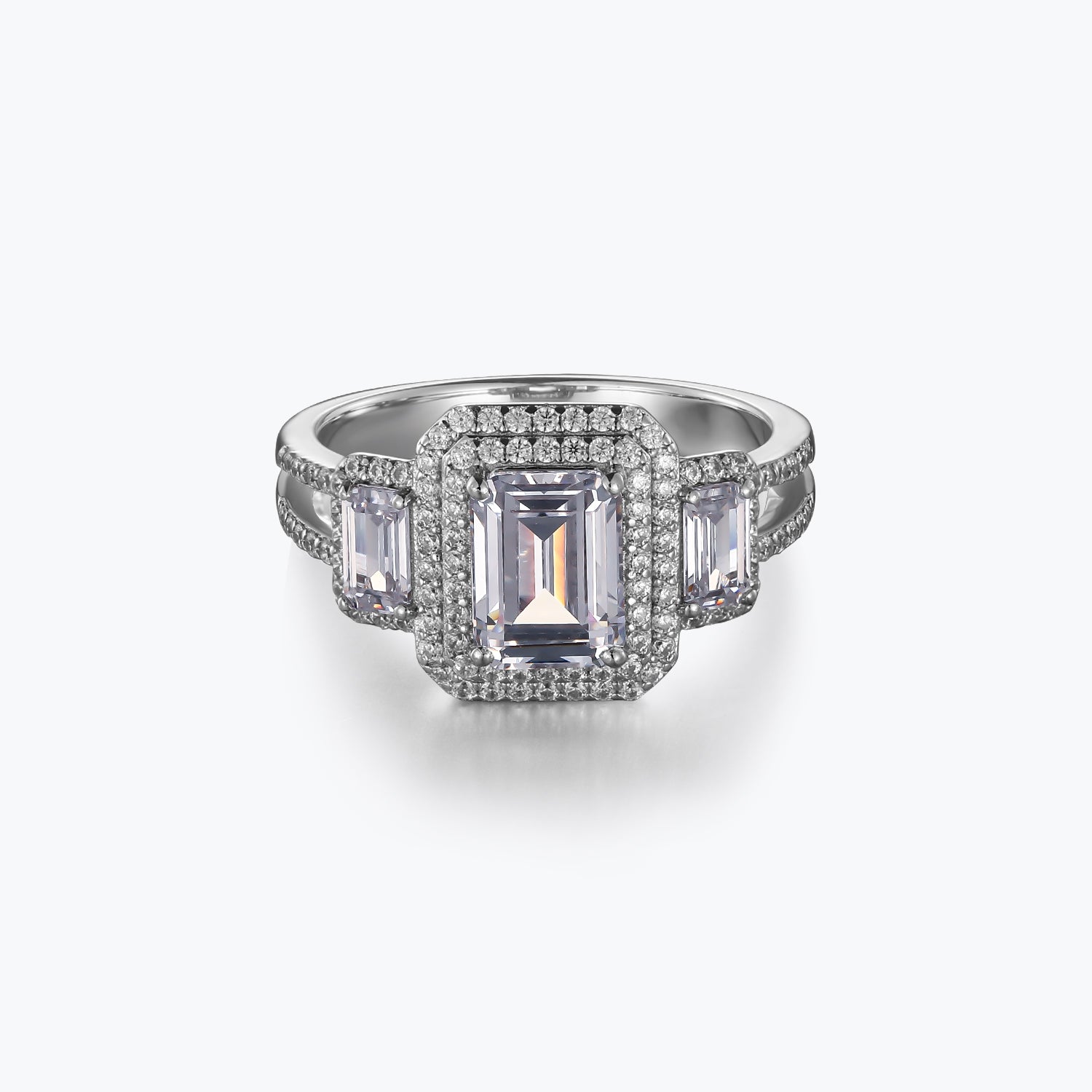 Dissoo® Emerald Cut 3-Stone Sterling Silver Engagement Ring with Halo