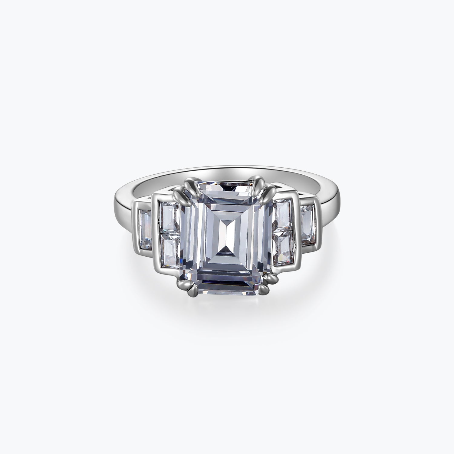 Dissoo® 6 side Stone Diamond White Emerald Cut Sterling Silver Ring