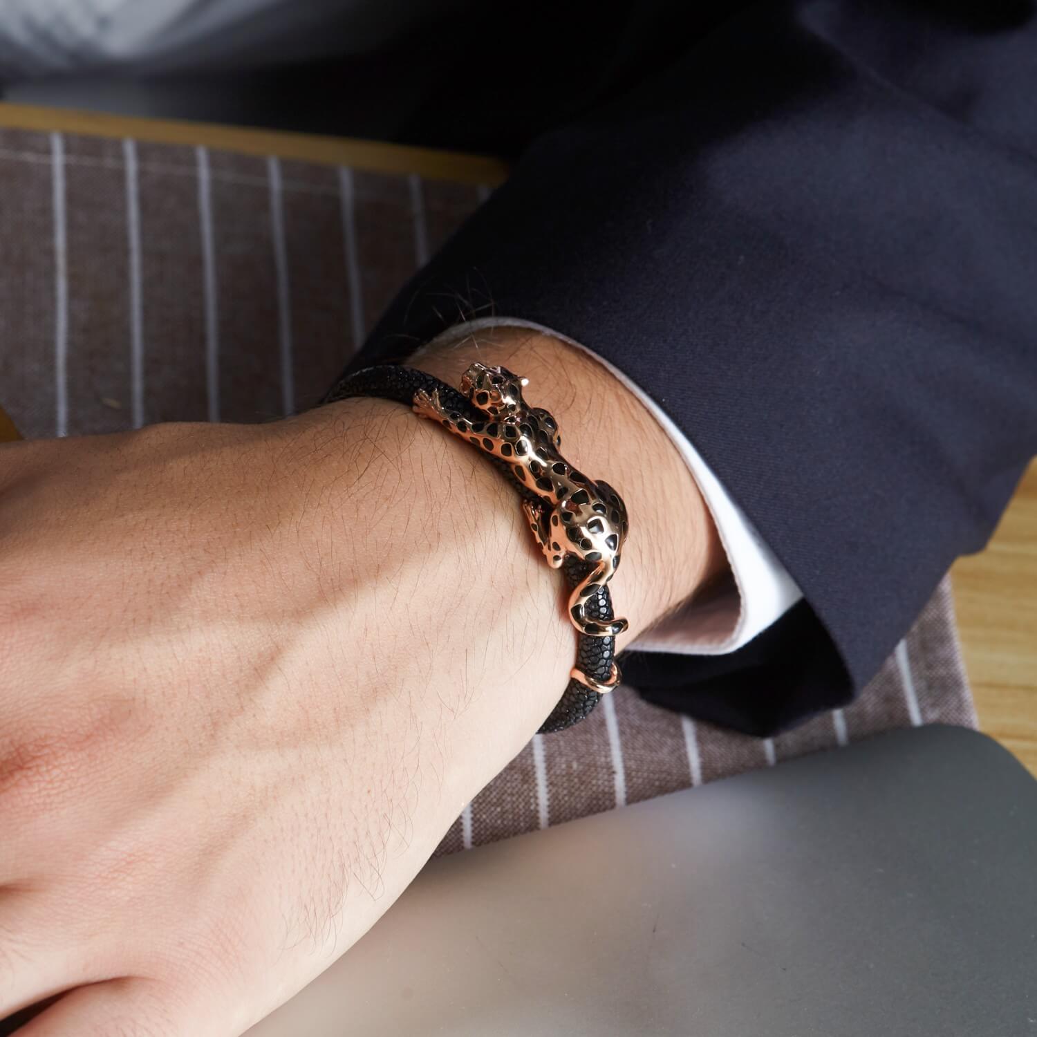 Dissoo® Genuine Leather Sterling Silver Leopard Bracelet
