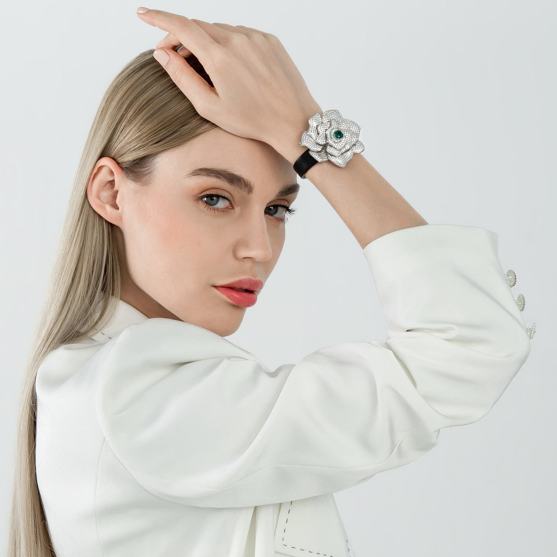 Classic Green & White Pave Rose Corsage Bracelet - dissoojewelry