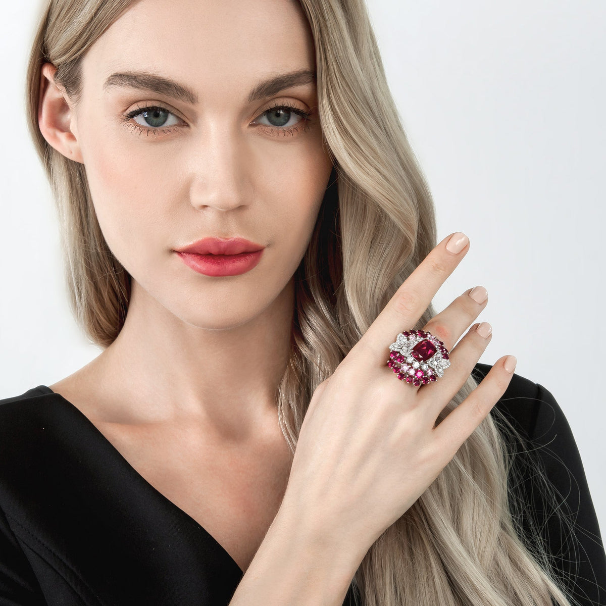 Ruby Red Multiple Diamonds Sterling Silver Ring - dissoojewelry
