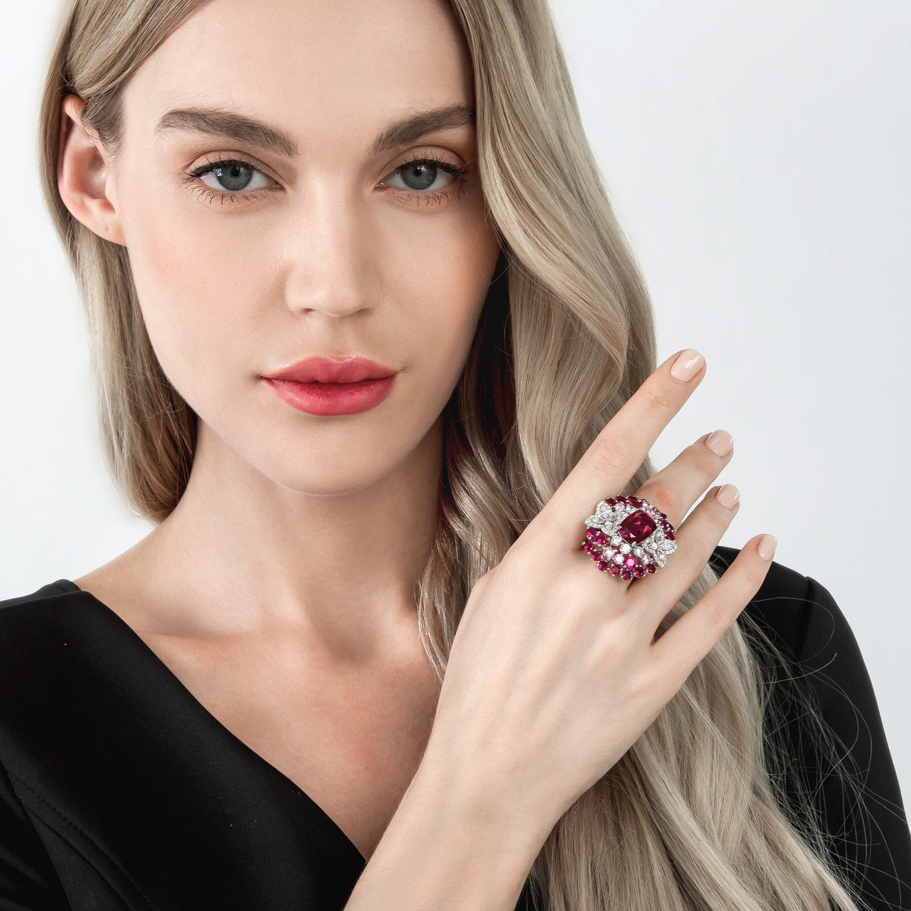 Ruby Red Multiple Diamonds Sterling Silver Ring - dissoojewelry