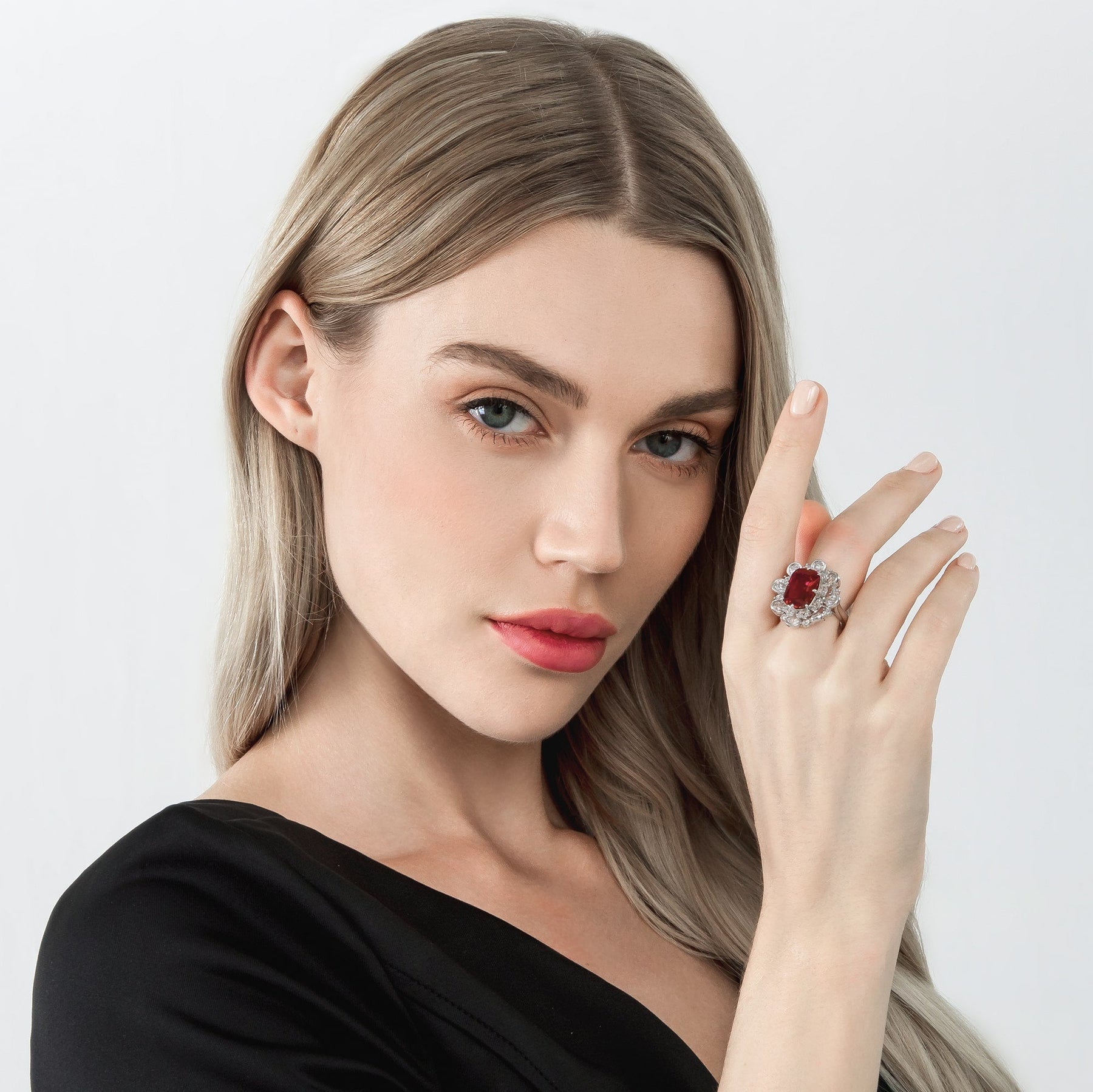 Ruby Red Rose Blossom Cushion Cut Ring - dissoojewelry