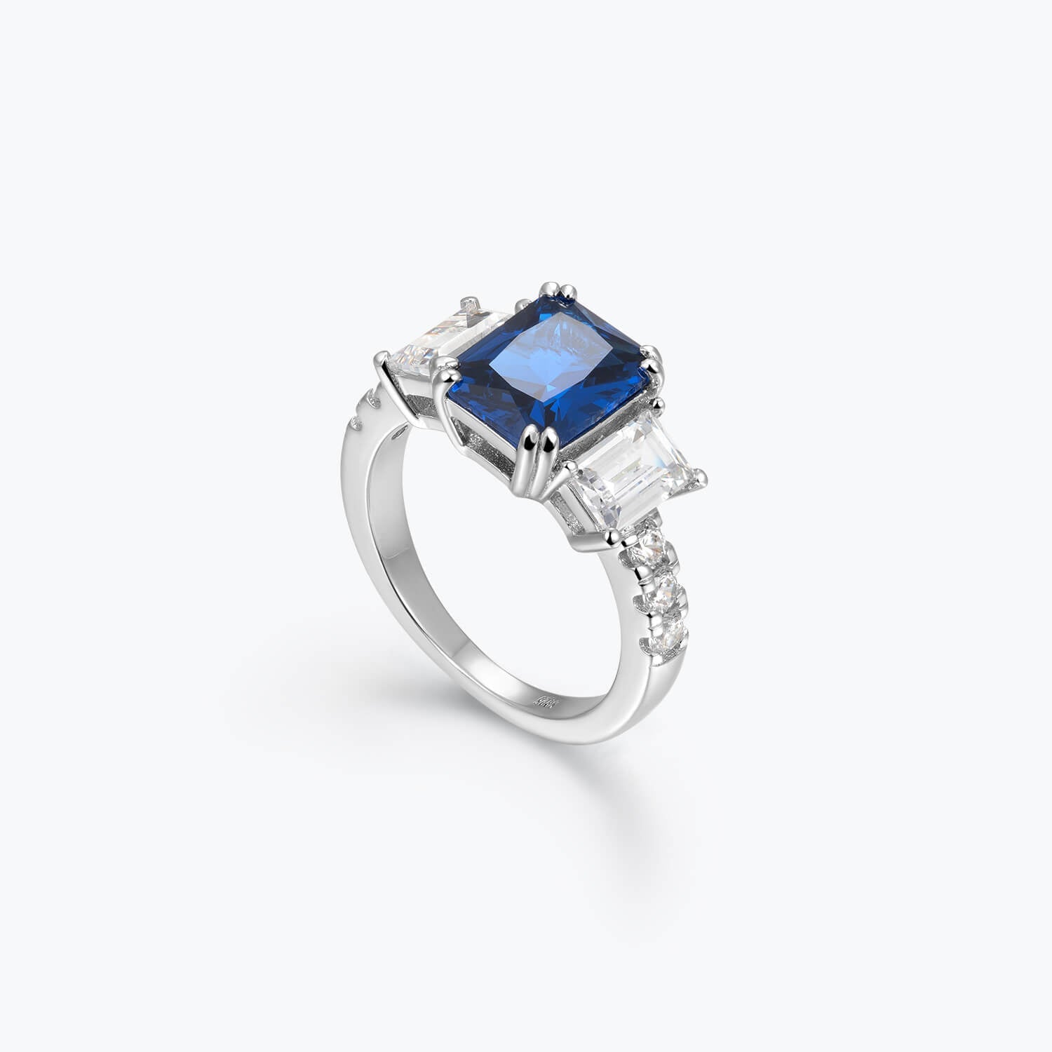 Sapphire Blue Emerald Cut 3-Stone Ring - dissoojewelry