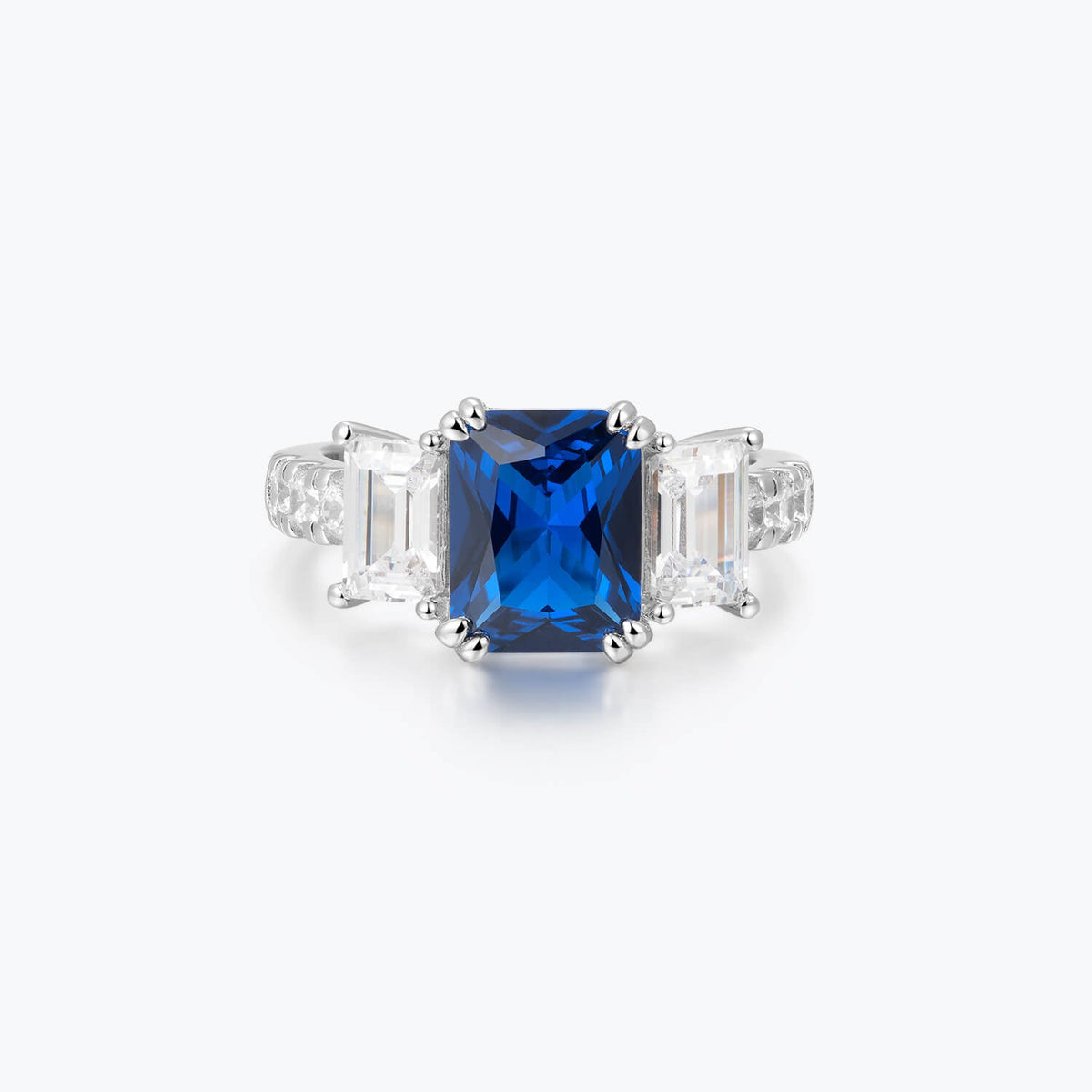 Sapphire Blue Emerald Cut 3-Stone Ring - dissoojewelry